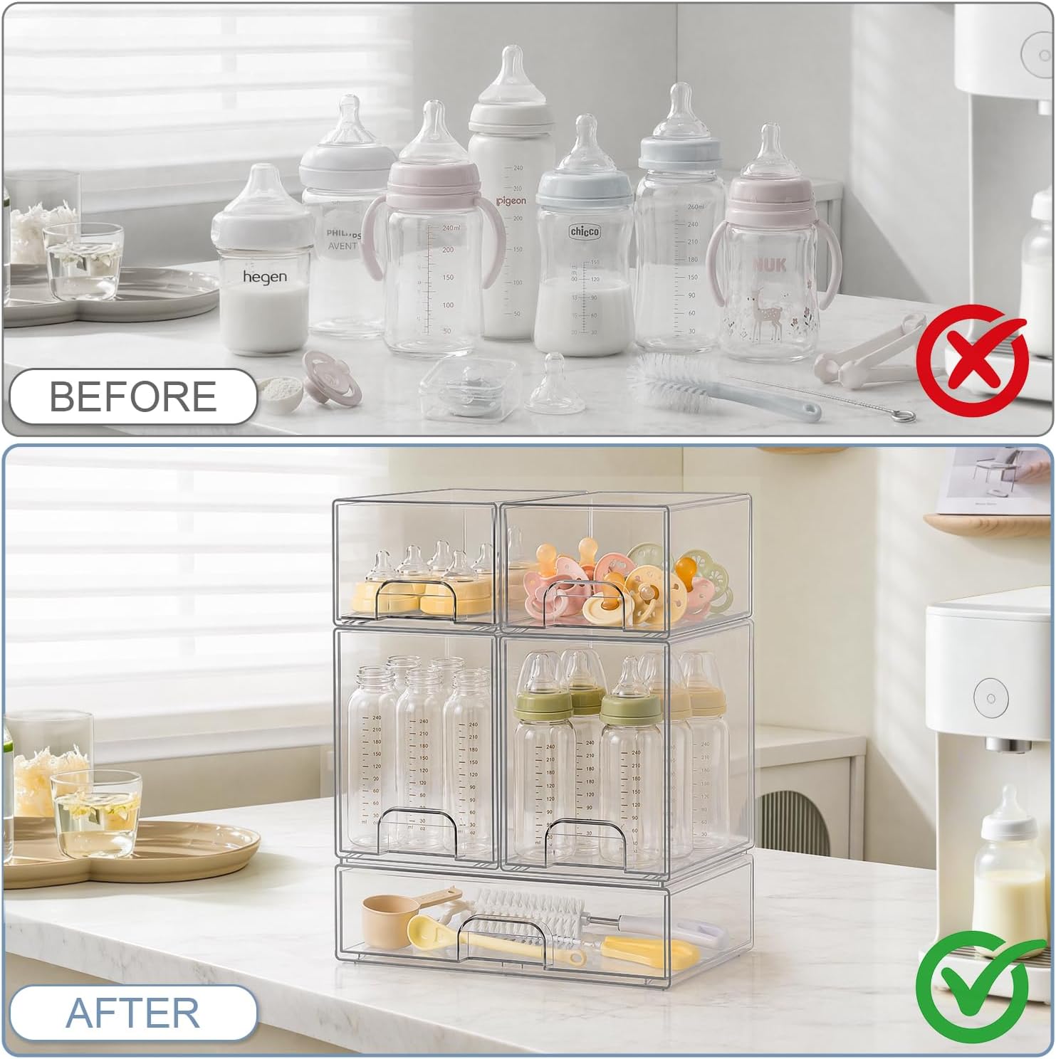 QRRICA Baby Bottle Organizer for Countertop, 5-Piece Stackable Clear Acrylic Storage with Non-Slip Pads & Handles – Large Capacity for Kitchen