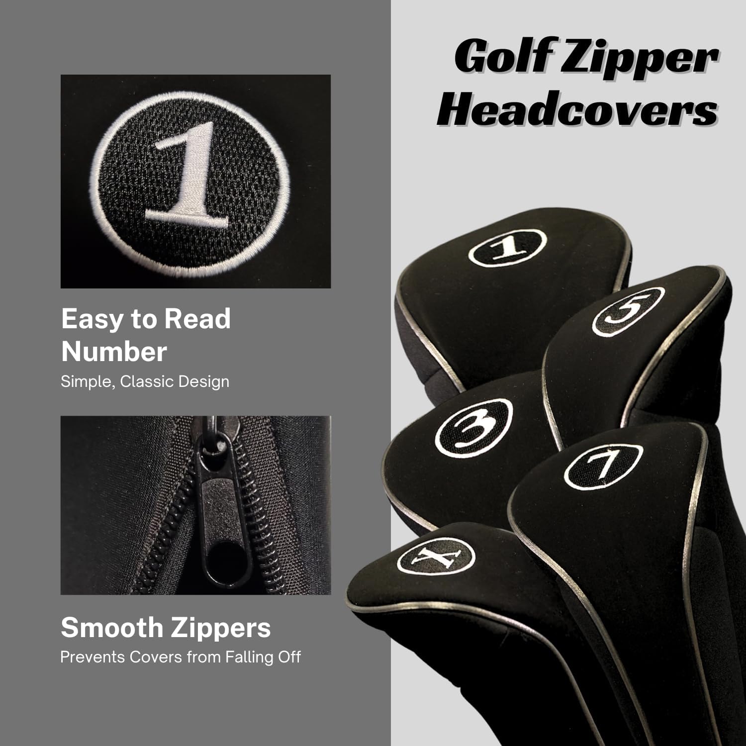 Black Golf Zipper Head Covers Driver 1 3 5 7 X Fairway Woods Headcovers Metal Neoprene Traditional Plain Protective Covers Fits All Fairway Clubs