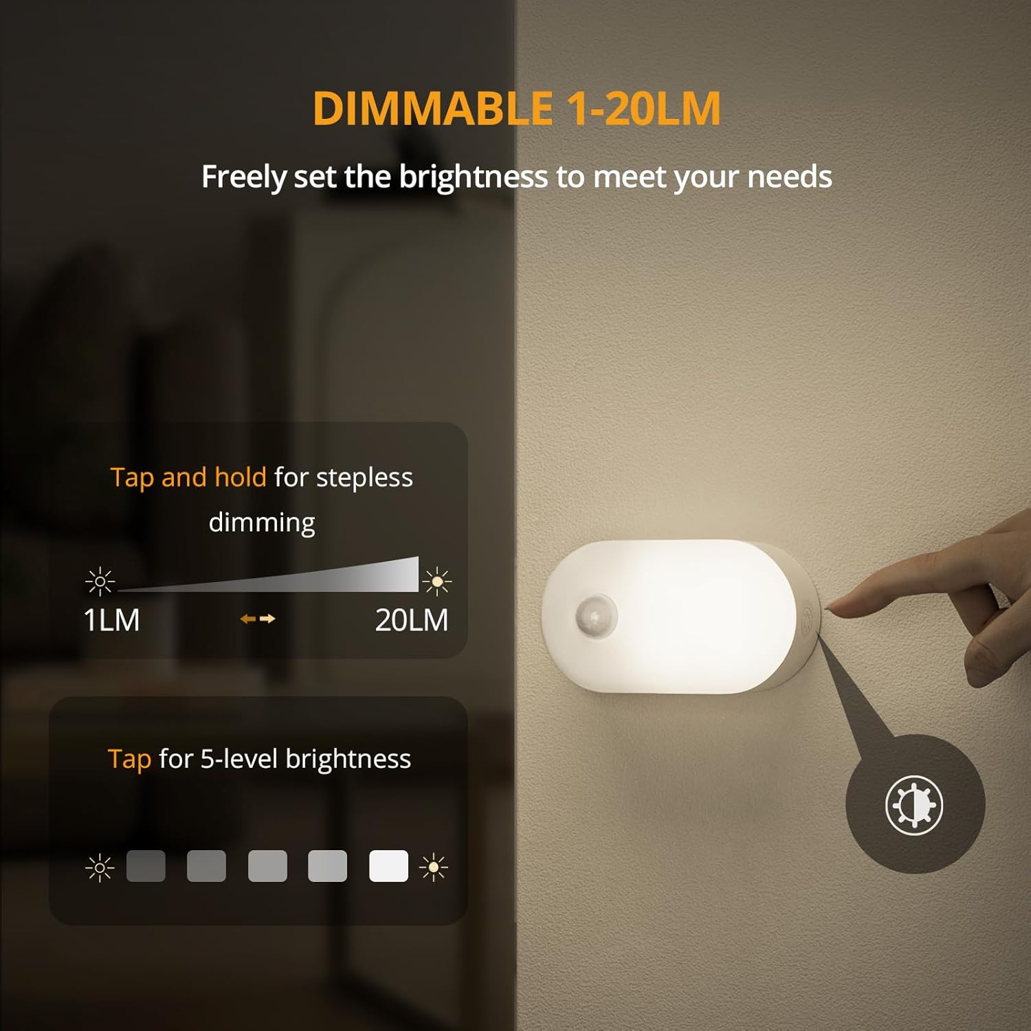Lyridz Rechargeable Battery Night Light with Motion Sensor, Portable Mini Warm White LED Stick-on Closet Light, Adjustable Brightness for Bathroom