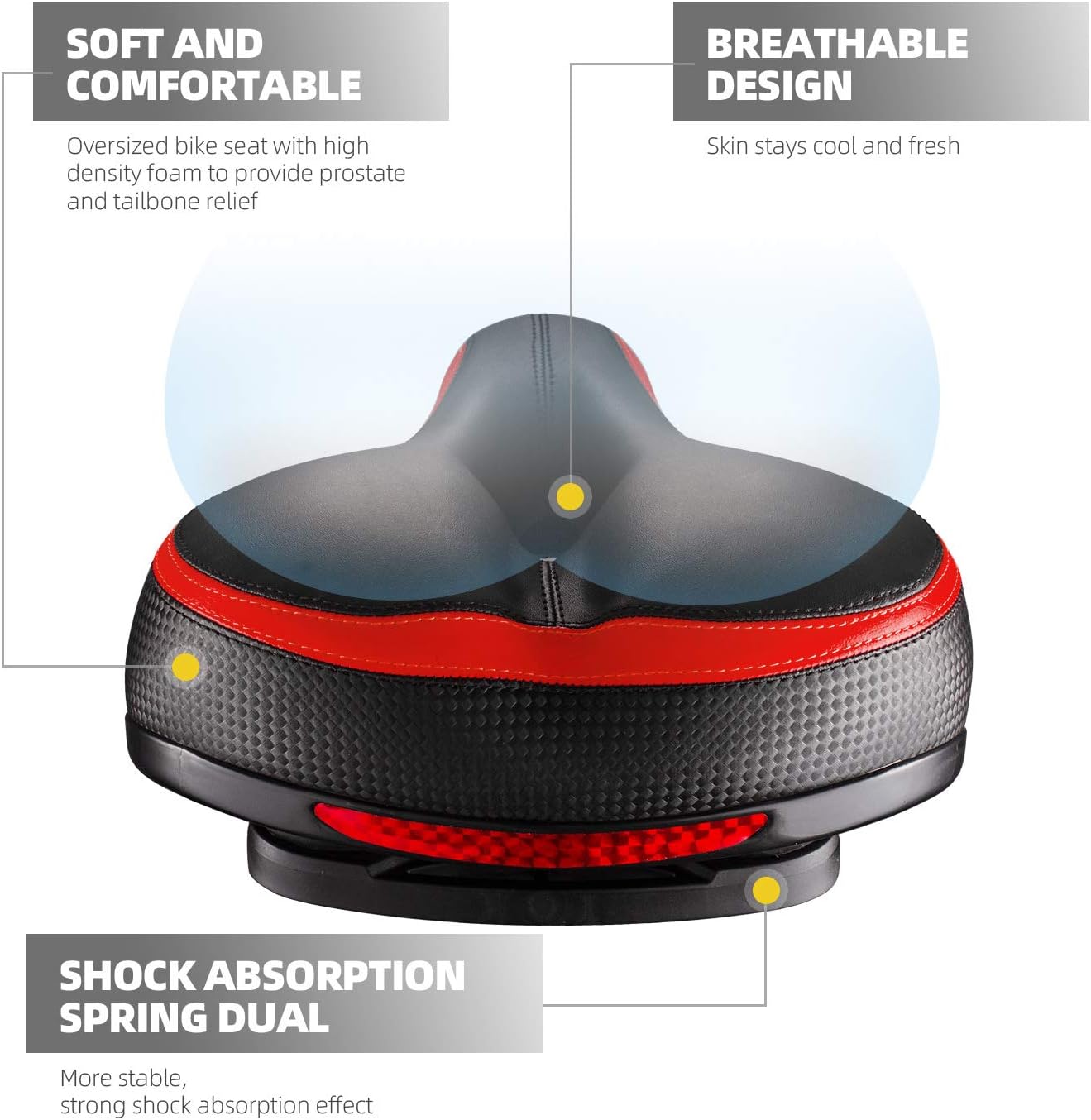 Bike Seat, Most Comfortable Bicycle Seat Dual Shock Absorbing Memory Foam Waterproof Bicycle Saddle Bike Seat Replacement with Refective Tape