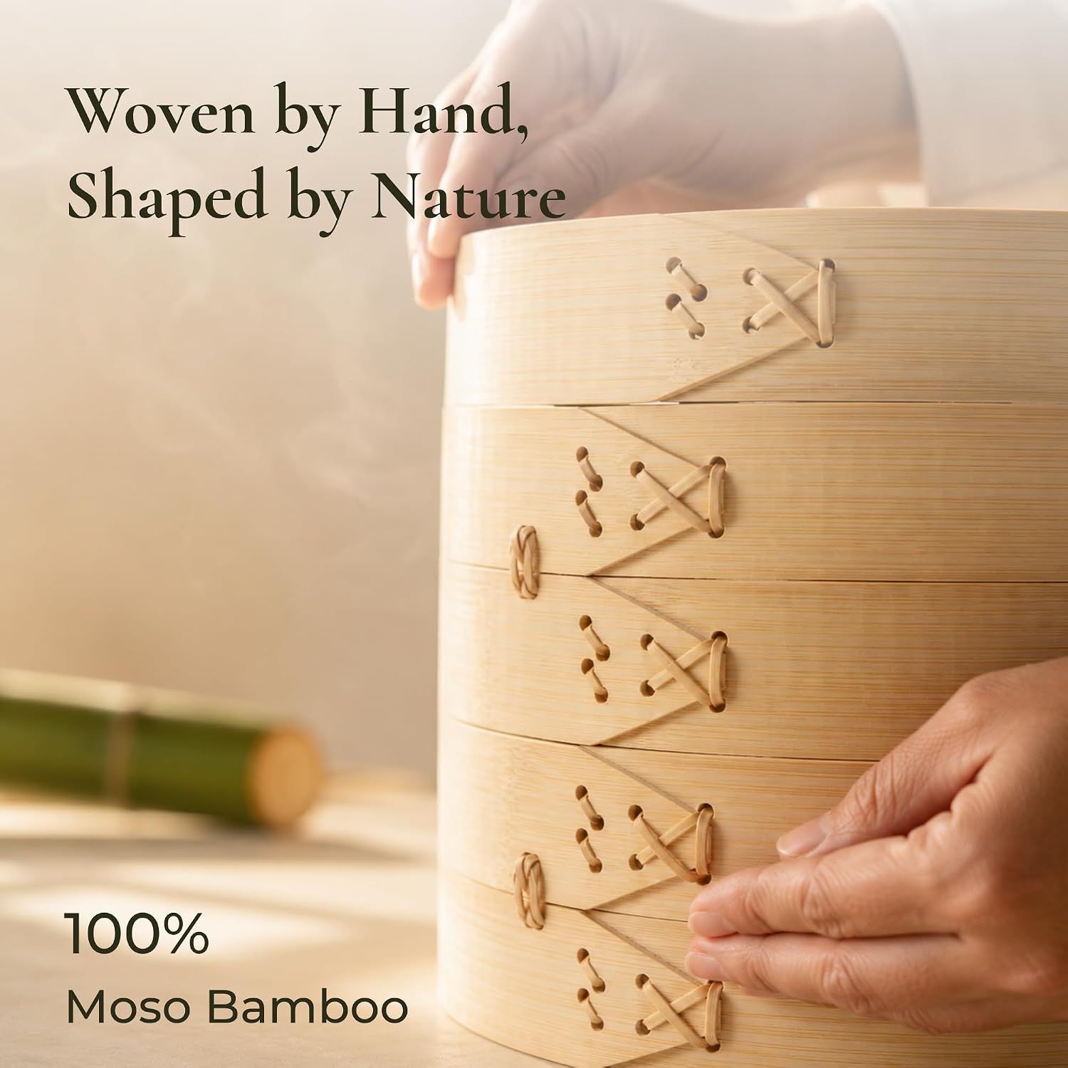 HAPPI STUDIO Bamboo Steamer Basket 10 Inch, Extra Deep Dumpling Steamer Set