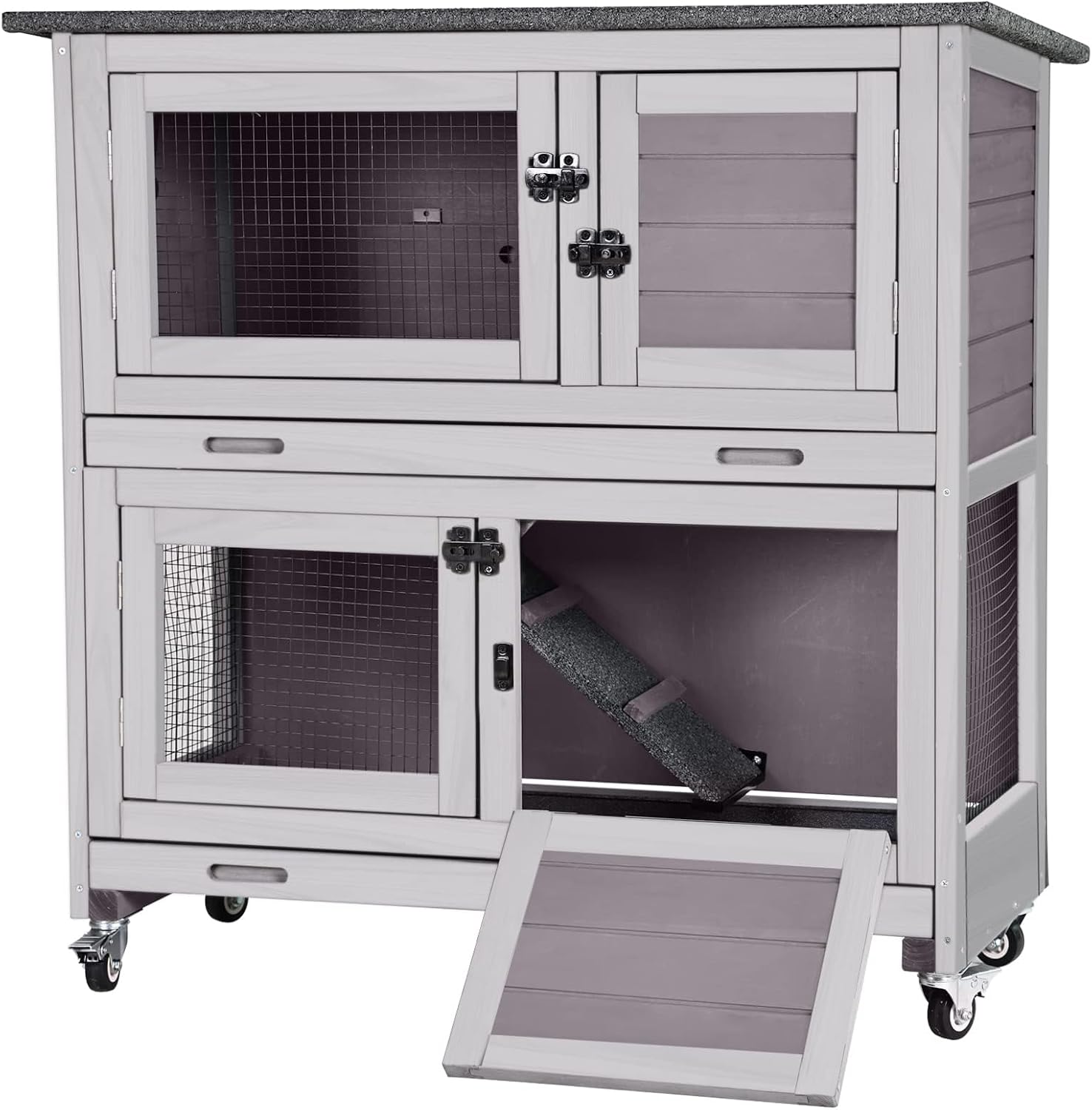 Outdoor Rabbit Hutch Indoor Bunny on Wheels Large Guinea Pig Cage with Run for Any Small Animals,Removable Pull Out Tray