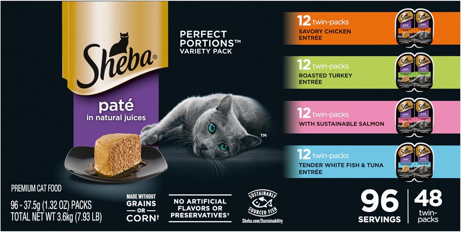 Sheba Perfect Portions Pate Wet Cat Food, Seafood Pack, 2.6 oz, 12 ct, 2pk | Grain-free, made in USA, Salmon & Whitefish-Tuna, 48 servings total, sustainable seafood, twin-pack trays