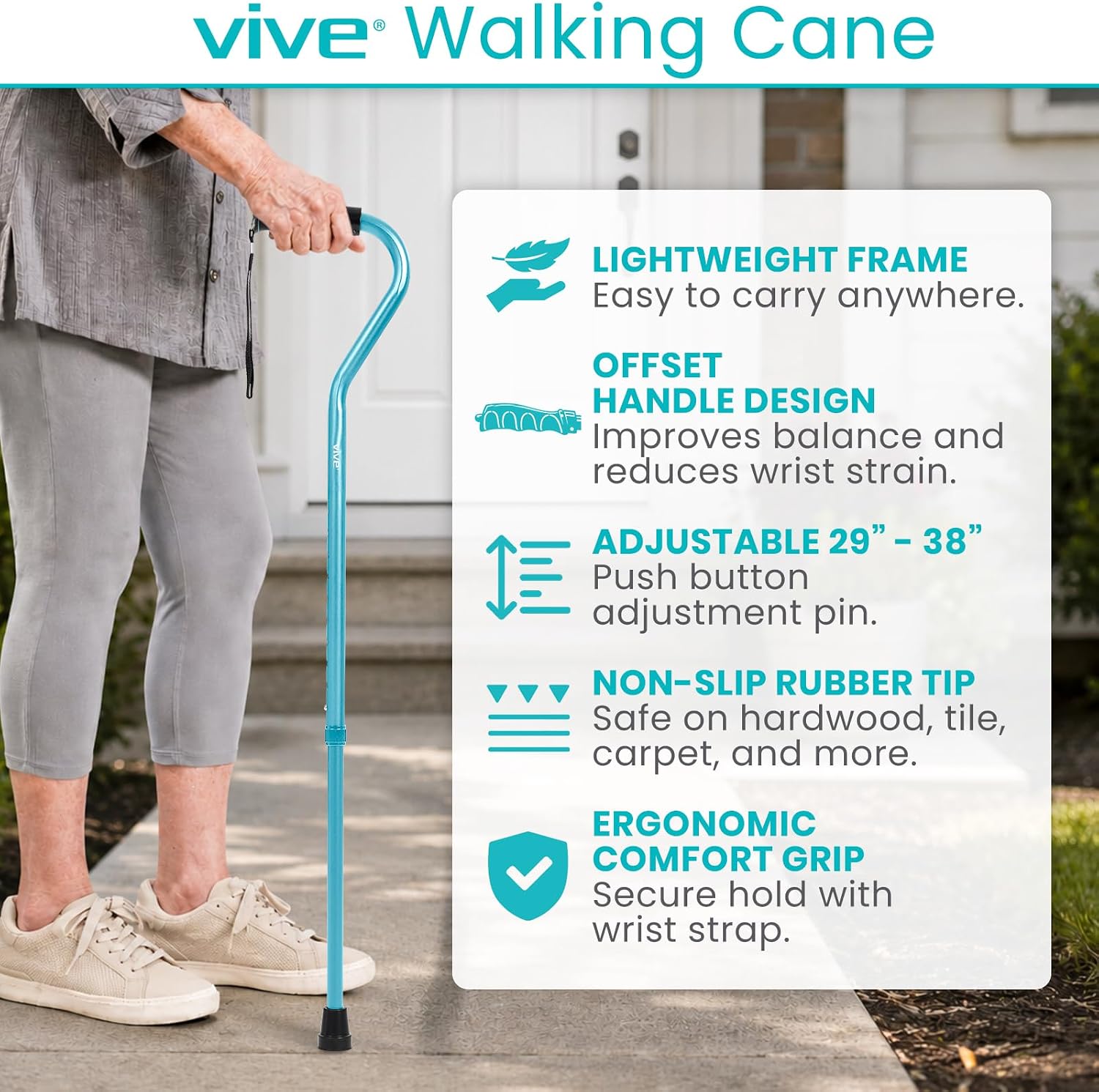Vive Walking Cane for Women, Men, Elderly - Patented Offset Grip - Lightweight Adjustable Walking Aid with a Non-Slip Tip - Sturdy Balancing Mobility Aid for Seniors
