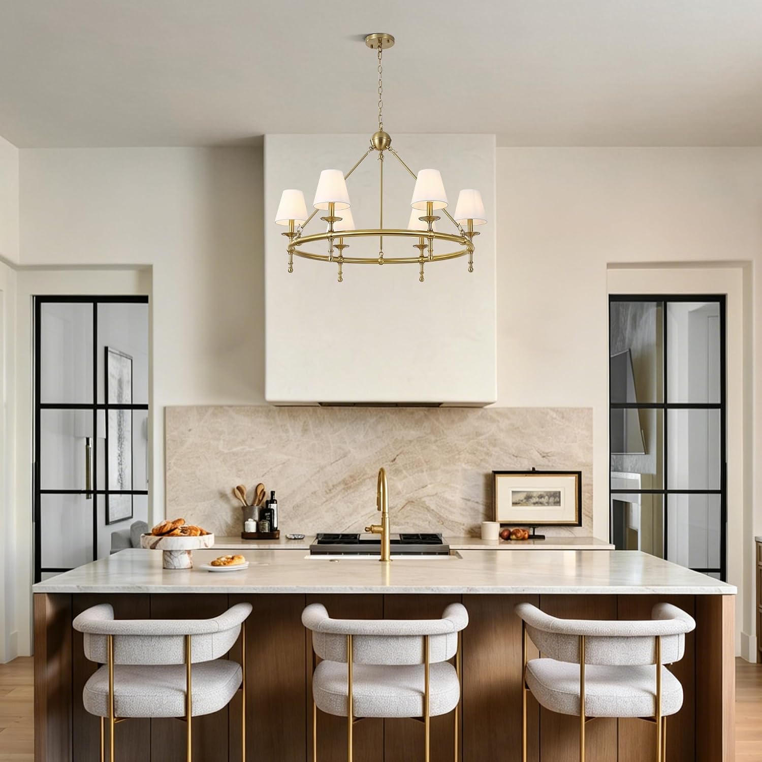 Klgxnrd 6-Light Brushed Gold Wagon Wheel Chandelier with White Fabric Shade | Diameter 34", 5-Layer Electroplated Metal, Height Adjustable 29" To 106"