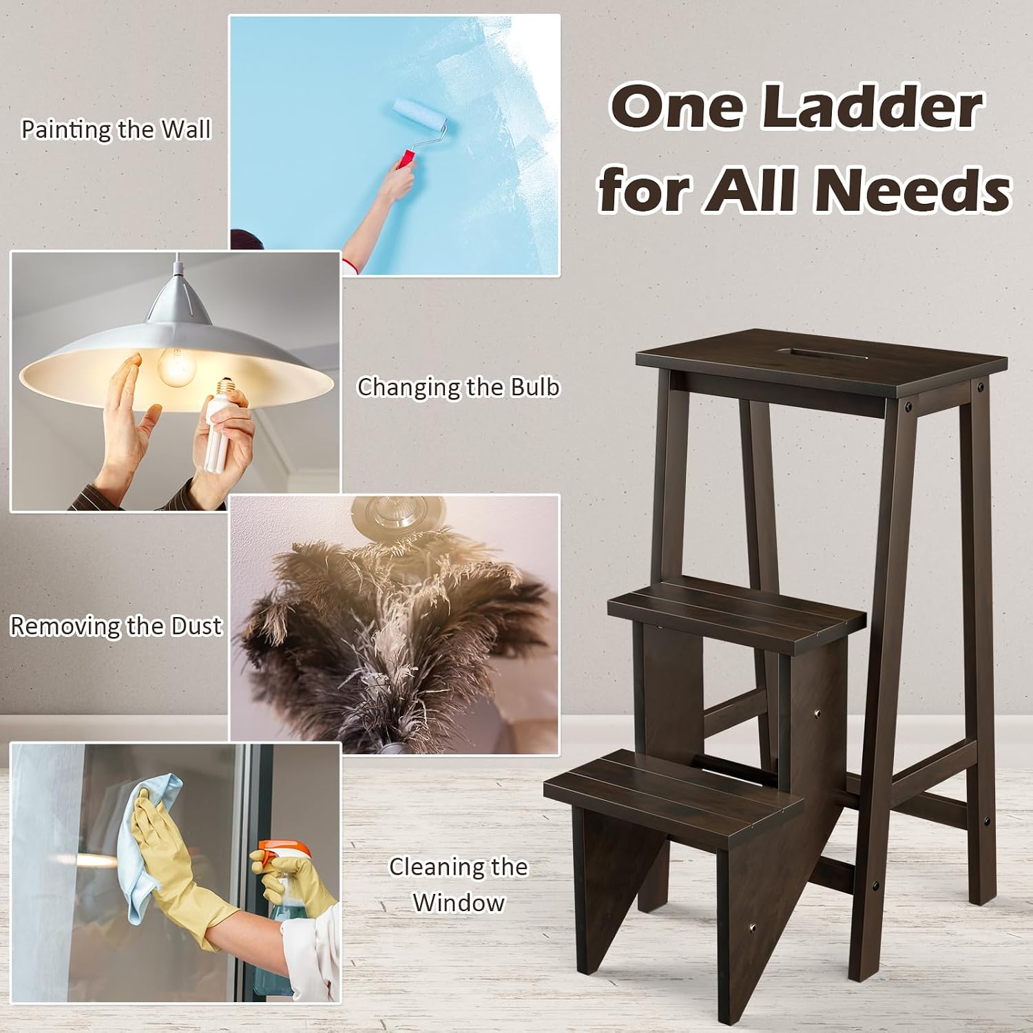 Costzon Folding 3 Step Stool, 3 in 1 Wooden Step Ladder with Handle, Non-Slip Pedal, Multifunctional Storage Shelf, Flower Rack for Kitchen, Library, Garage, Foldable Step Stool for Adults Kids