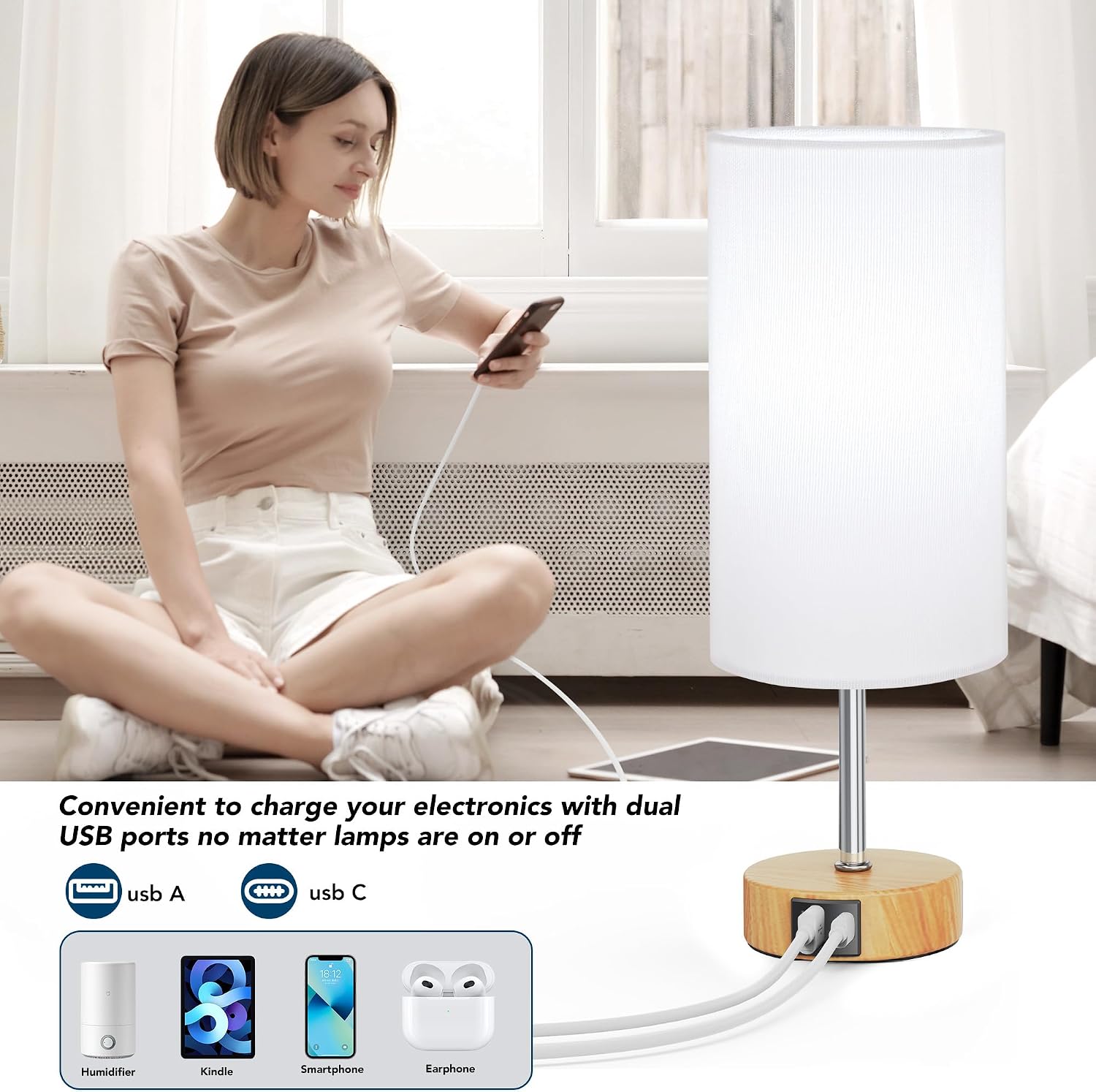 ROTTOGOON 12.8" Touch Control Table Lamp, 3-Way Dimmable Small Bedside Nightstand Lamp with 2 USB Ports