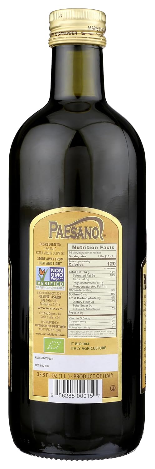 Paesanol Organic Extra Virgin Olive Oil, Unfiltered, 33.8 Fl Oz (1L) | High Polyphenol, Premium First Cold Pressed, Hand Picked, Early Harvest in Sicily, Award Winning Italian EVOO