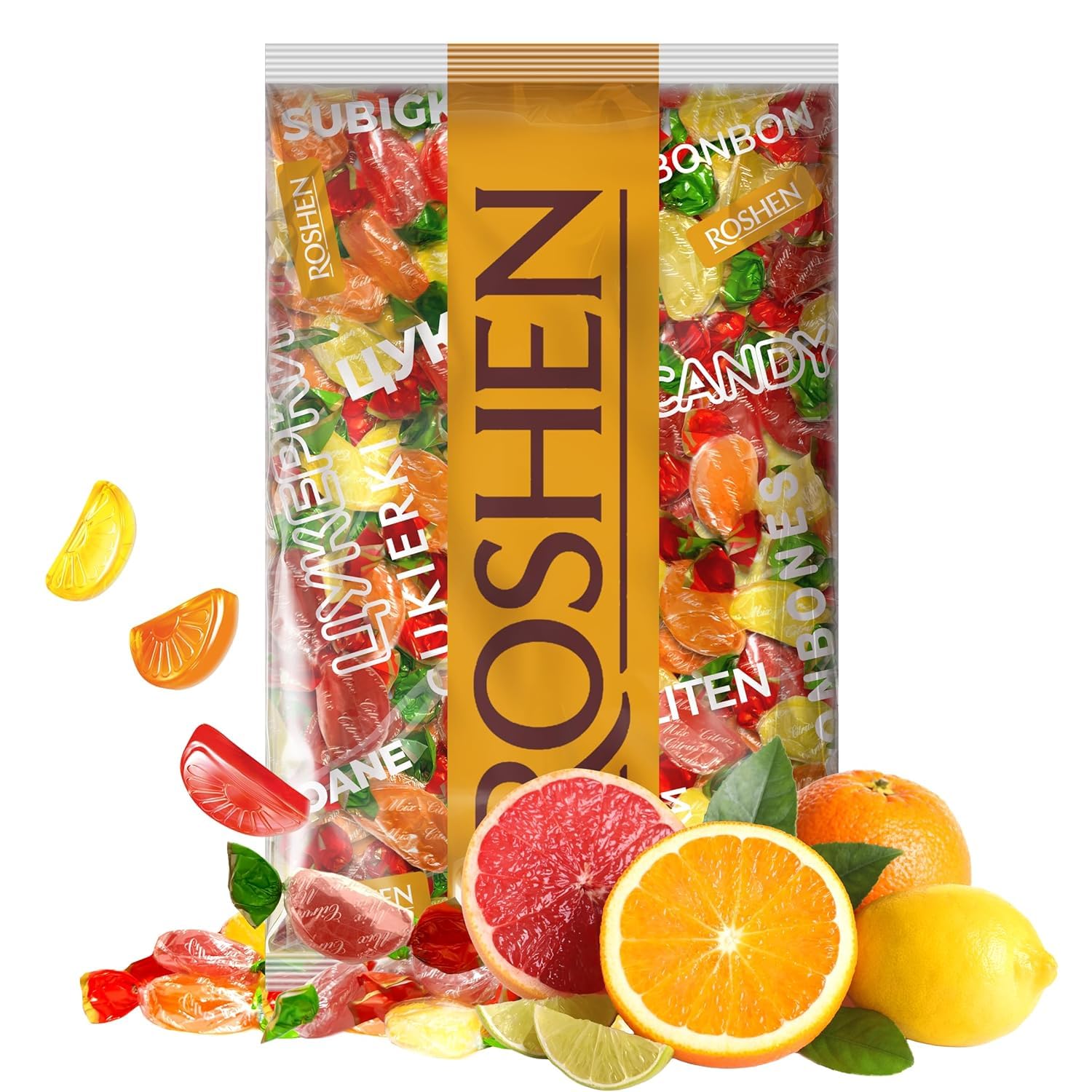 Roshen Citrus Mix Hard Candy – Assorted Fruit Flavors, Individually Wrapped, Bulk 2.2 lbs (1 kg) – Approx. 144 Pieces – Orange