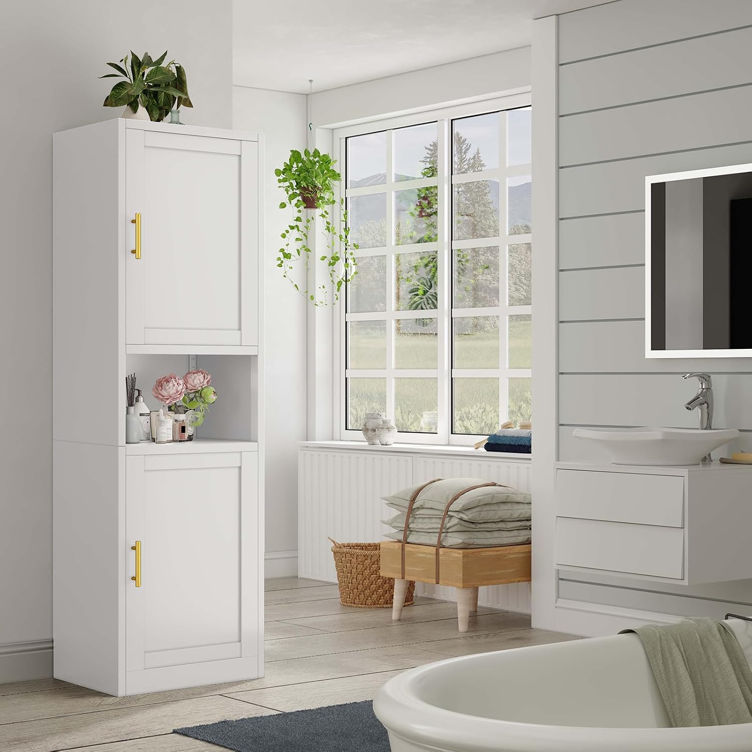 pozdeg 67" Tall Narrow White Metal Storage Cabinet | 2 Doors, 4 Adjustable Shelves, Freestanding Slim Pantry Organizer for Bathroom Kitchen Living Room