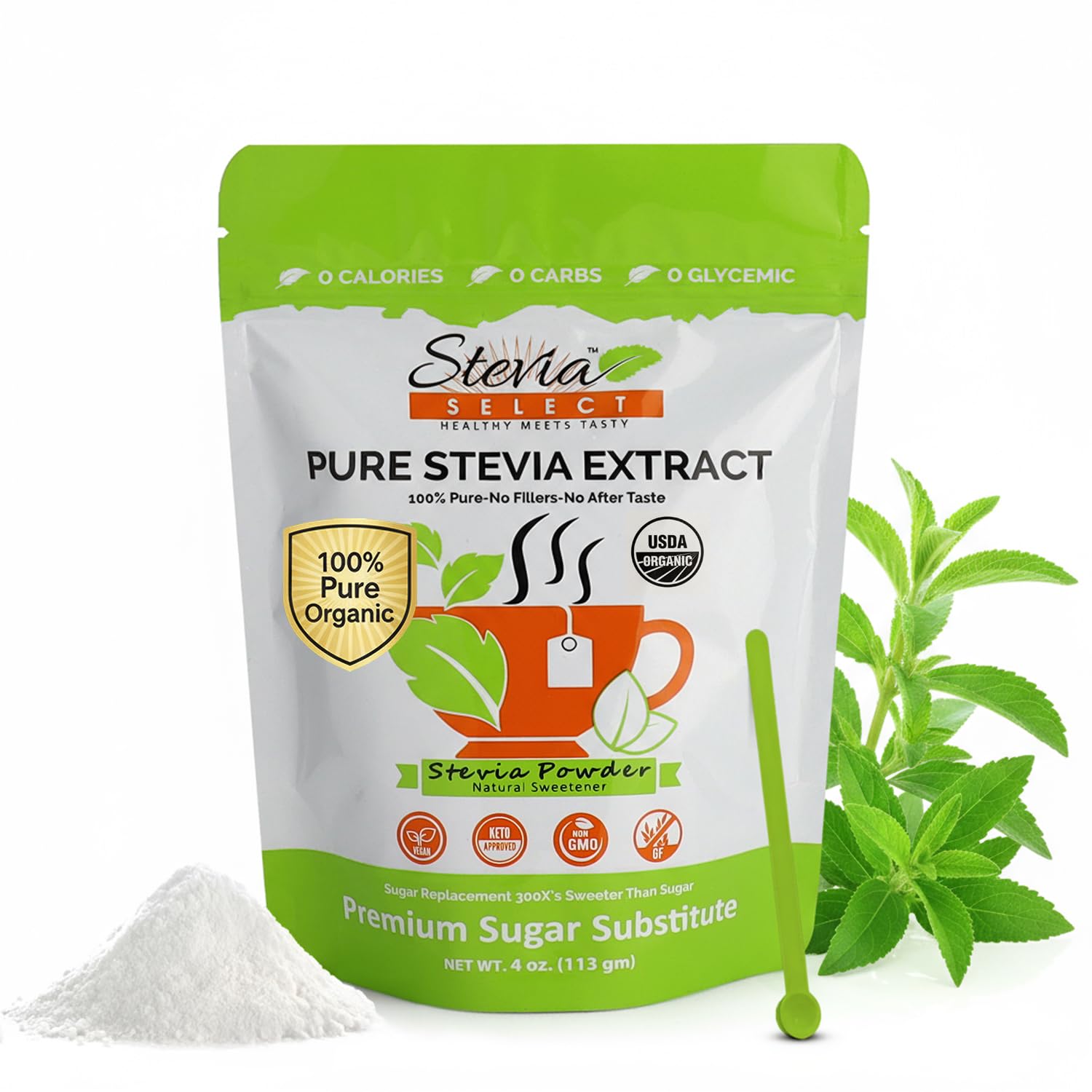 Stevia Select Organic Stevia Powder 1.25oz - Sugar Free Plant Based Pure Stevia Sweetener Stevia Extract Keto Sugar Substitute No Additives Zero Calorie