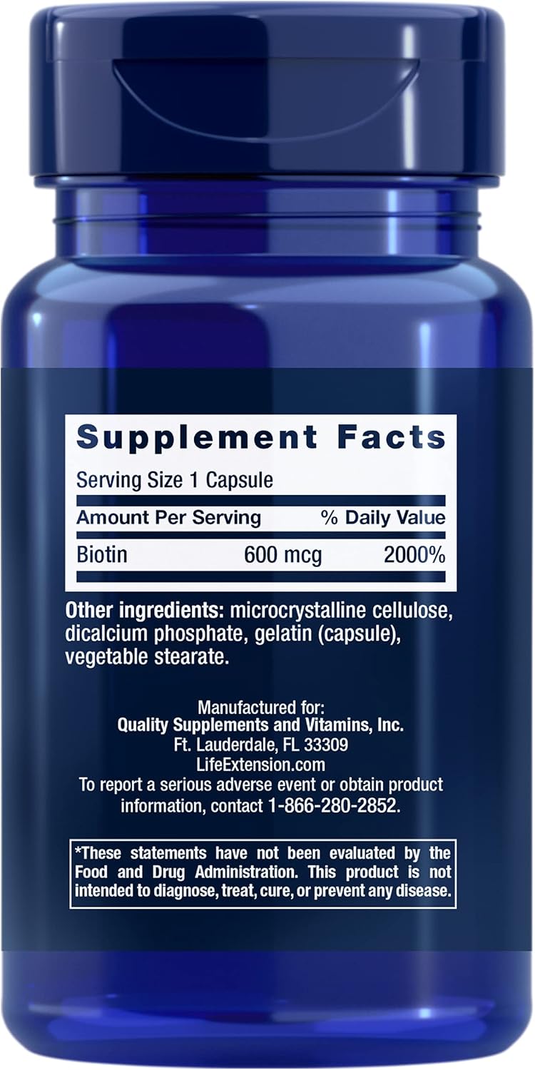 Life Extension Biotin 600 mcg Vitamin B7 Support Supplement for Beautiful Hair, Nails & Beyond – Gluten-Free, Non-GMO - 100 Capsules | Supports Hair