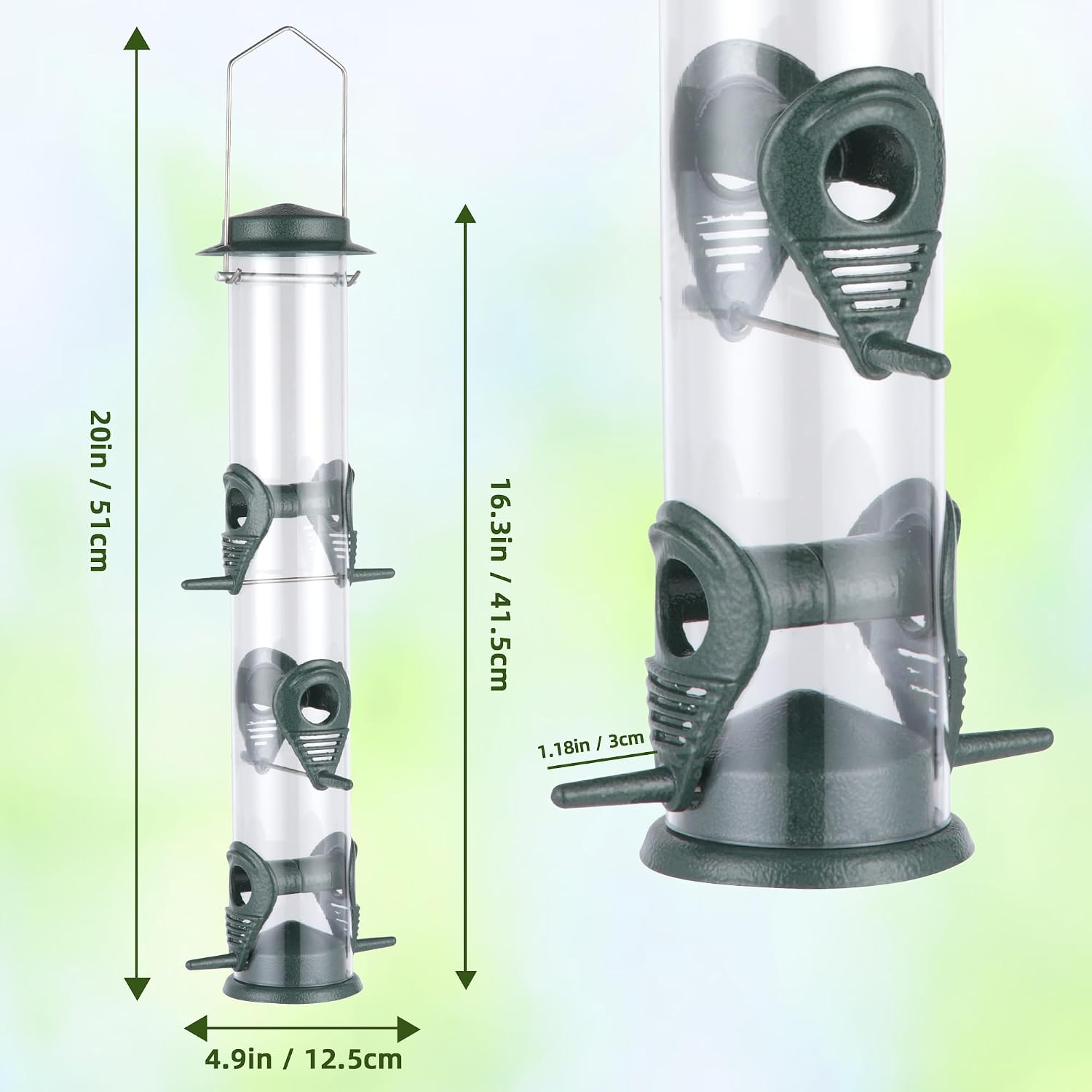 MIXXIDEA 1PK Metal Bird Feeders with 6 Feeding Ports, Tube Bird Feeder with Steel Hanger, Hard Plastic Wild Bird Feeder for Outdoors Hanging