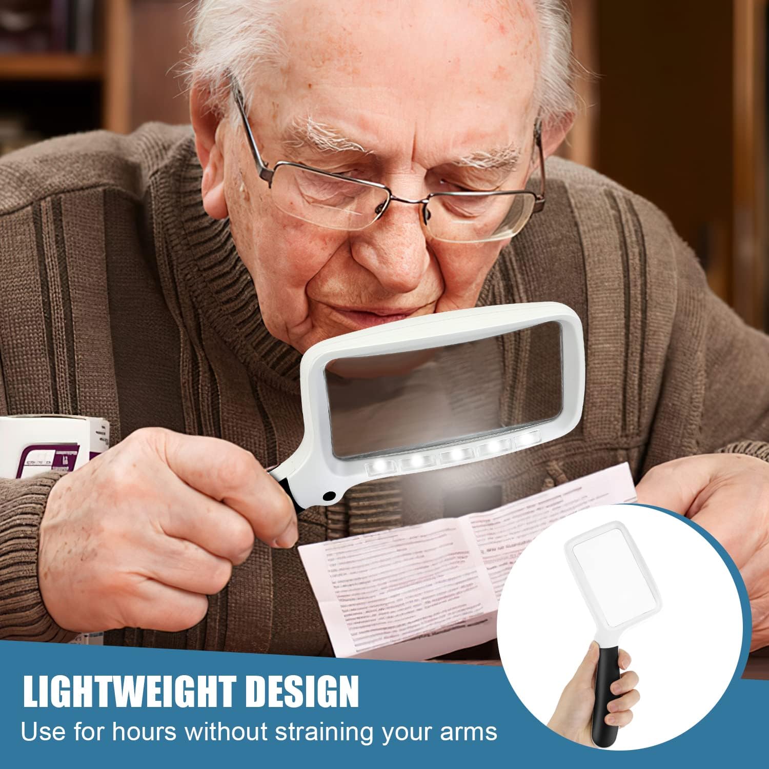 Folding Handheld Magnifying Glass with Light, 5X Large Rectangle Reading Magnifier with Dimmable LED for Seniors with Macular Degeneration, Newspaper