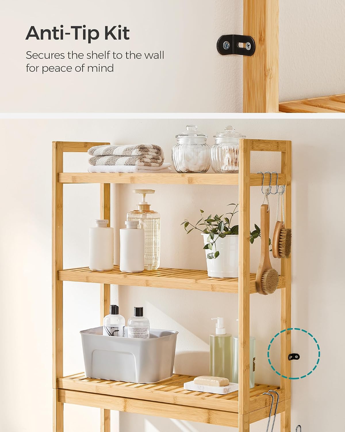 SONGMICS Over The Toilet Storage, 3-Tier Over Toilet Bathroom Organizer with Adjustable Shelf, 10.2 x 24.8 x 66.9 Inches, Space-Saving, Cloud White UBTS01WT