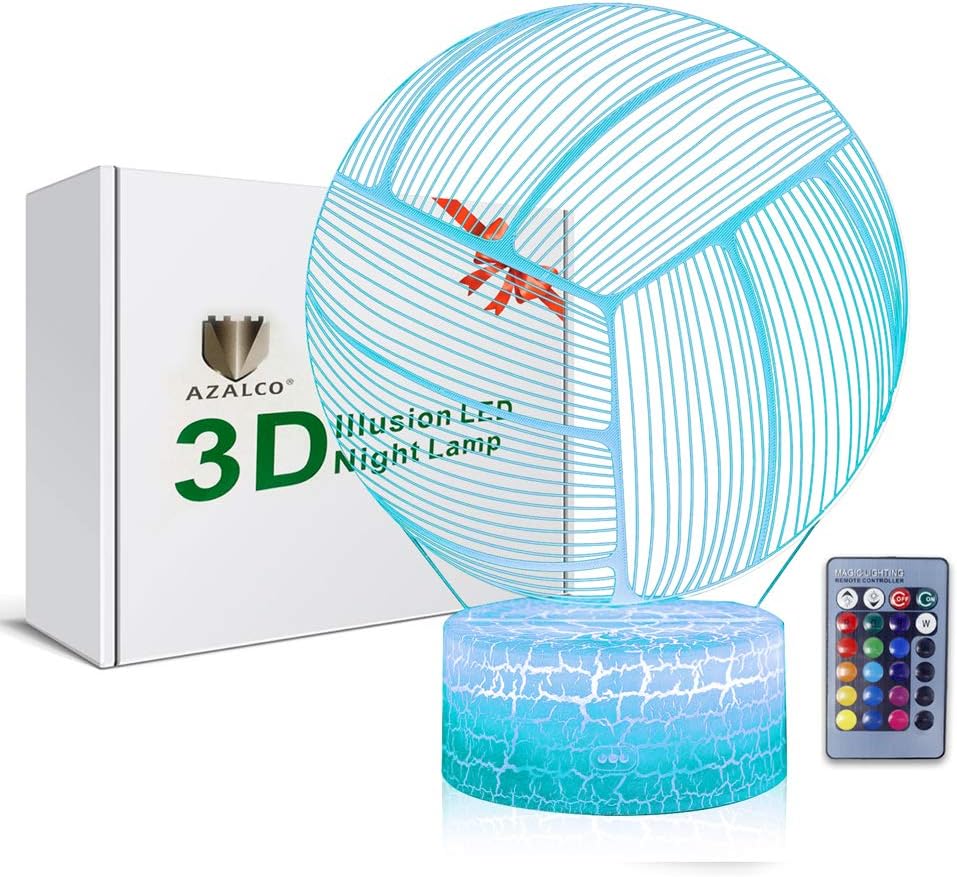 Volleyball 3D Illusion Night Light,16 Colors Changing Touch Switch & Remote Control,Acrylic Flat & ABS White Crack Base &USB Cable Table Lamp