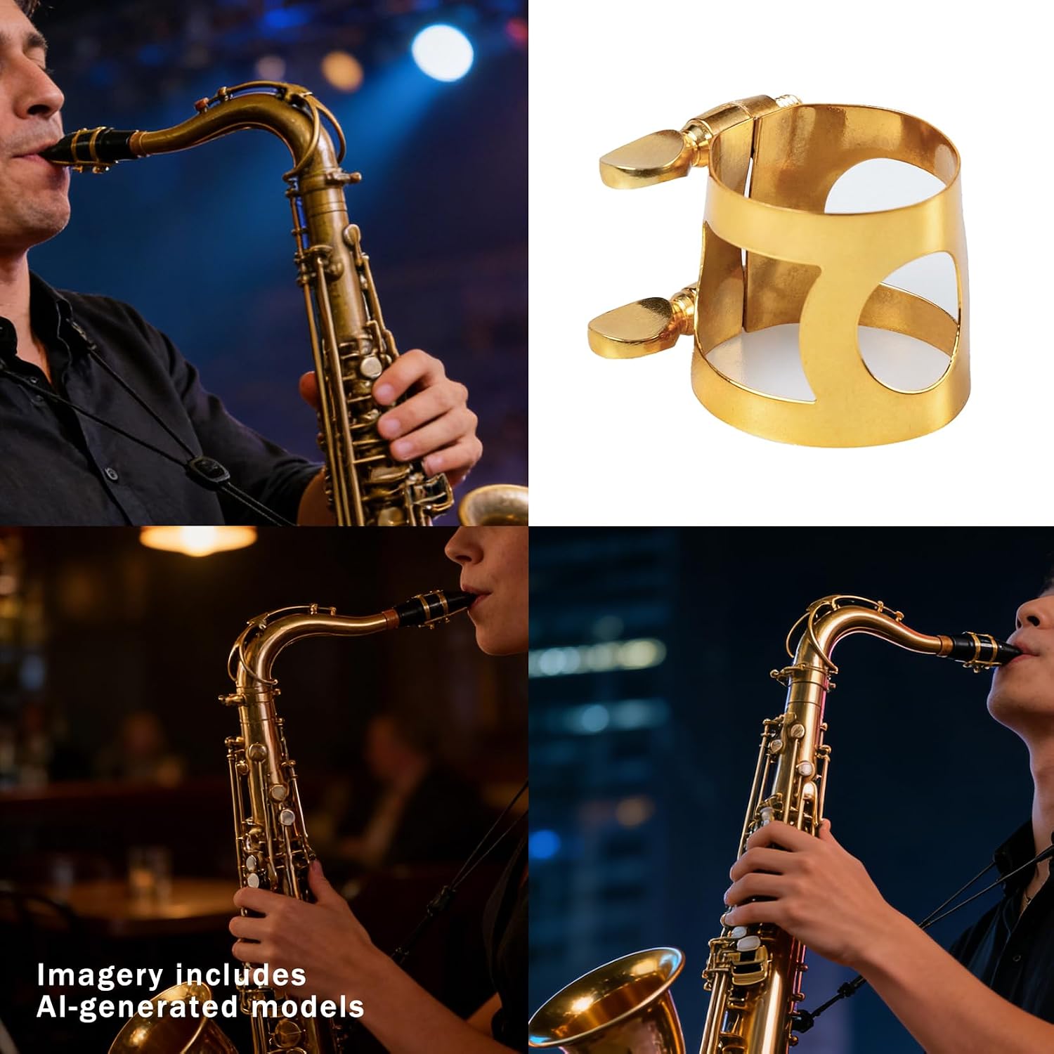 Gold Plated Brass Saxophone Ligature for Alto Tenor Sax, Adjustable Double-Screw Mouthpiece Ligature