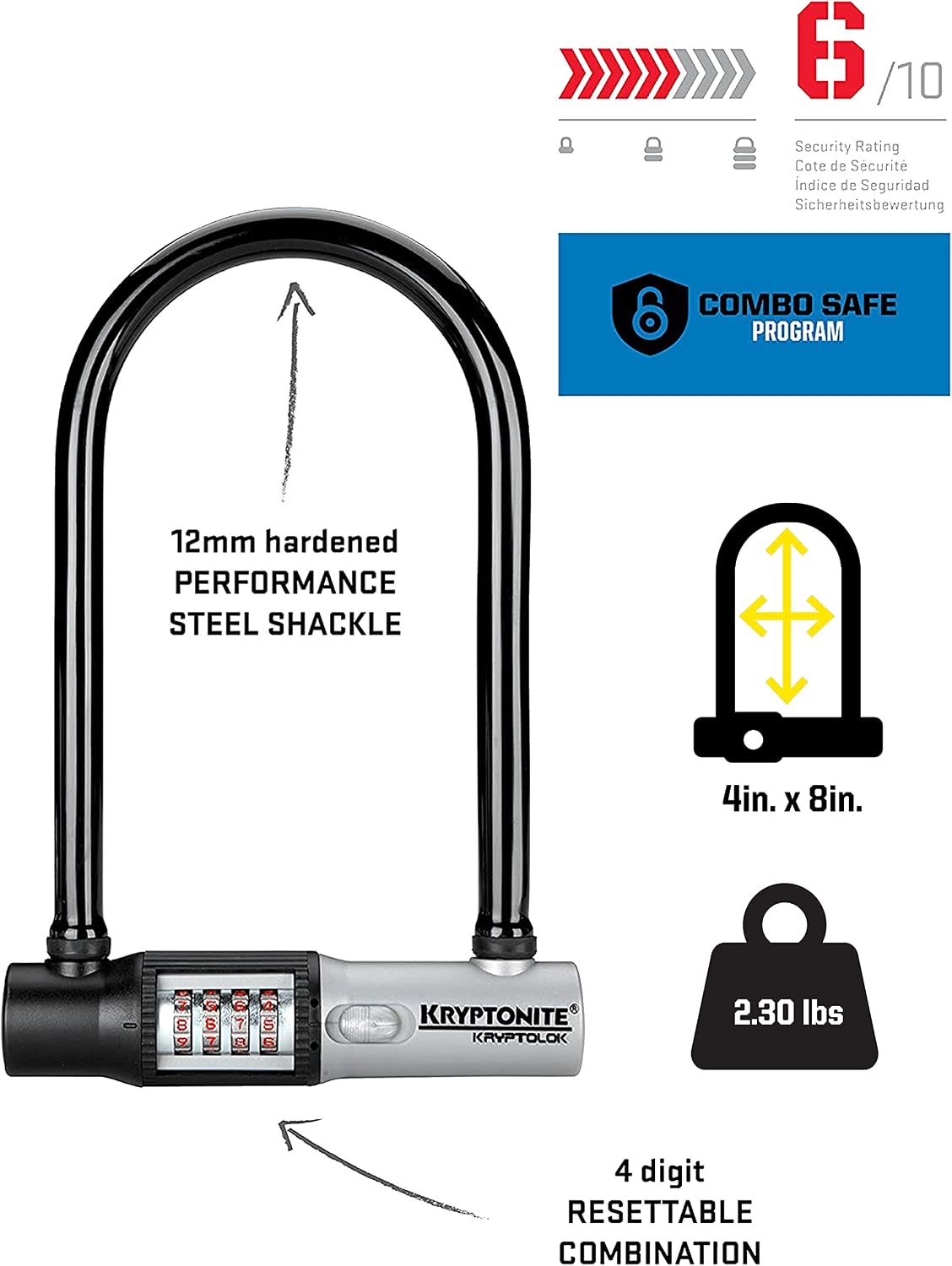 Kryptonite U-lock, 12mm Hardened Carbon Steel Shackle, 4-Digit Resettable Combination, Black