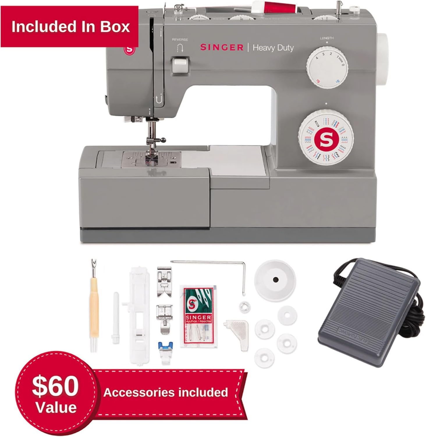 SINGER® 4432 (Grey) High Speed Heavy Duty Sewing Machine + Accessory Kit | 32 stitches deliver 110 applications, 50% more power for thick fabrics, 1100 per minute capacity, 1-step buttonhole design