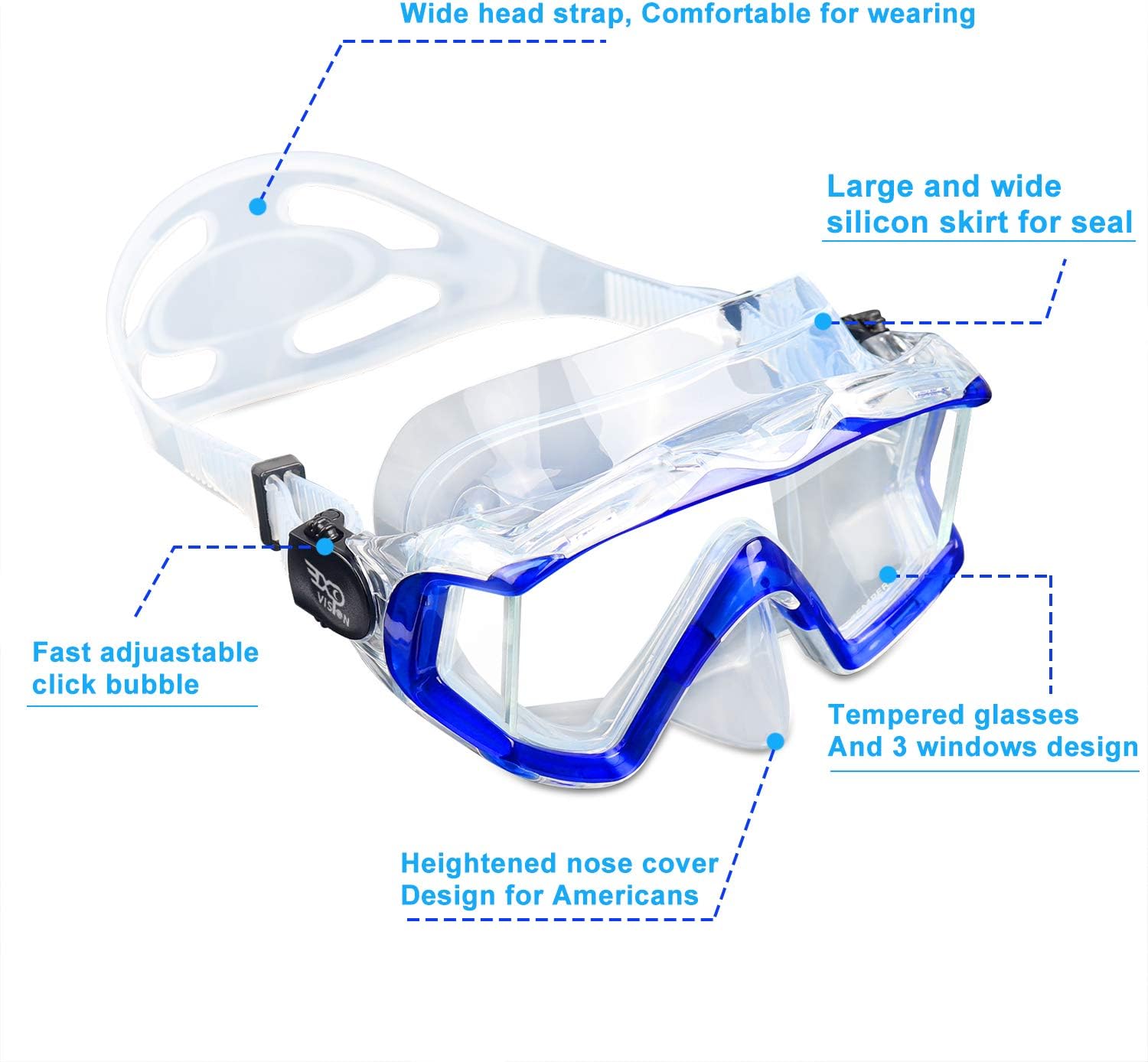 Adult Pano 3 Scuba Diving Mask, Tempered Glass Snorkel Mask Anti-Fog Swim Mask No Leakage Swim Goggles with Nose Cover Snorkeling Gear for Snorkeling