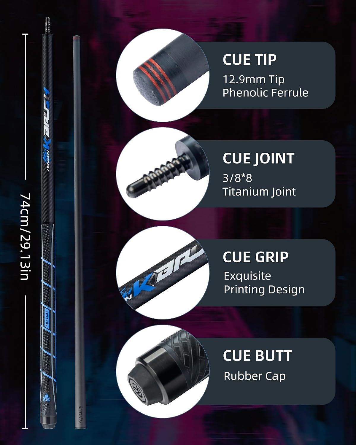 KONLLEN Carbon Fiber Break Cue, 58-Inch Pool Stick, 13mm Tip | Carbon shaft, 2-piece design, firm tip setup, built for dedicated break shots