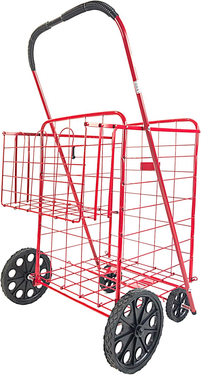 ATH Large Deluxe Rolling Utility / Shopping Cart - Stowable Folding Heavy Duty Cart with Rubber Wheels For Haul Laundry, Groceries, Toys, Sports Equipment, Red