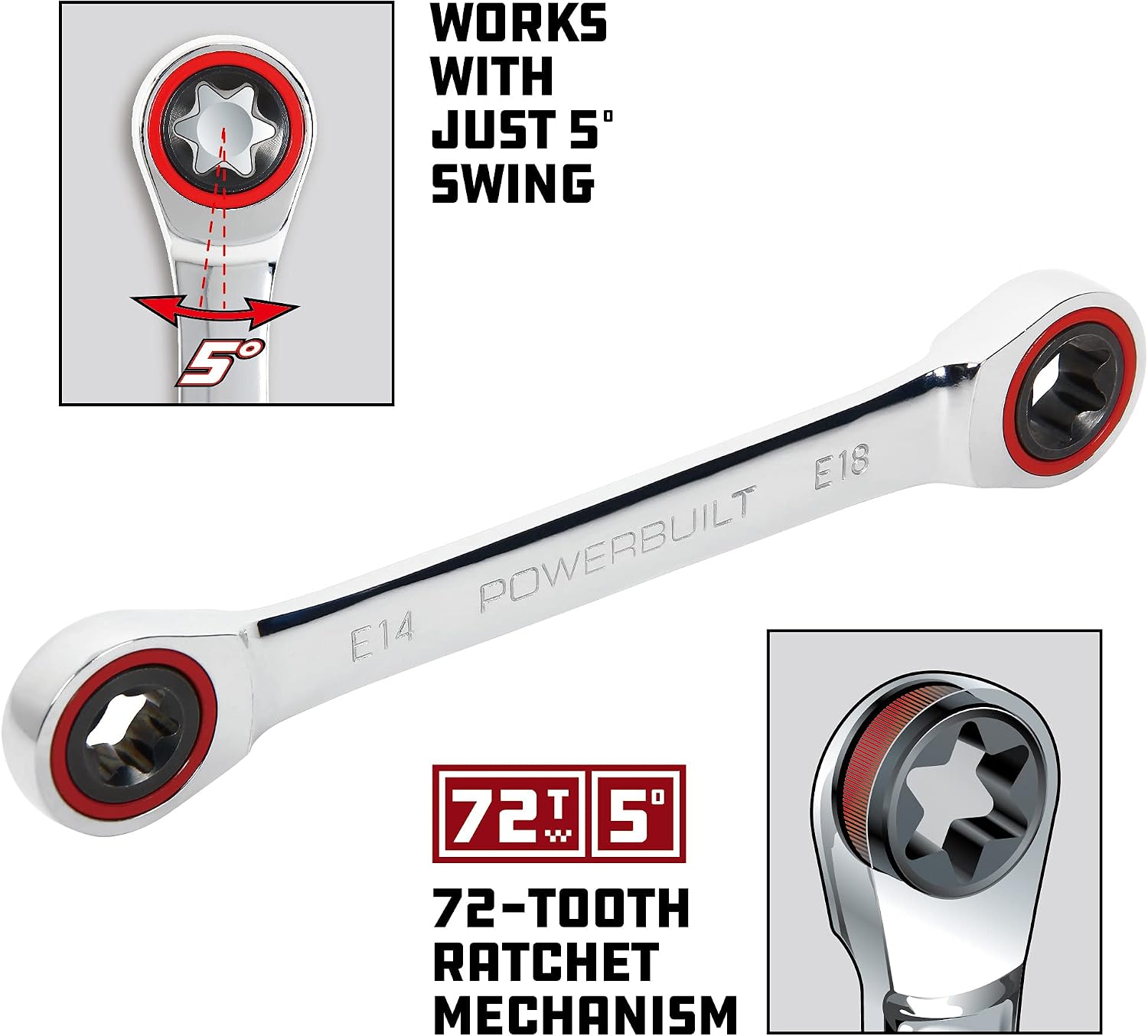 Powerbuilt E10/E12 Ratcheting Double Box-End E-Torx E-Star Wrench, 72-Tooth Ratcheting Wrench with 5-Degree Swing for Tight Spaces - 641760
