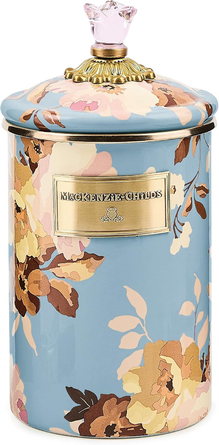 MACKENZIE-CHILDS Enamel Canister, Large, White Butterfly Garden | Hand-applied design, made from enameled steel, versatile kitchen storage container for flour and sugar, 64-ounce capacity