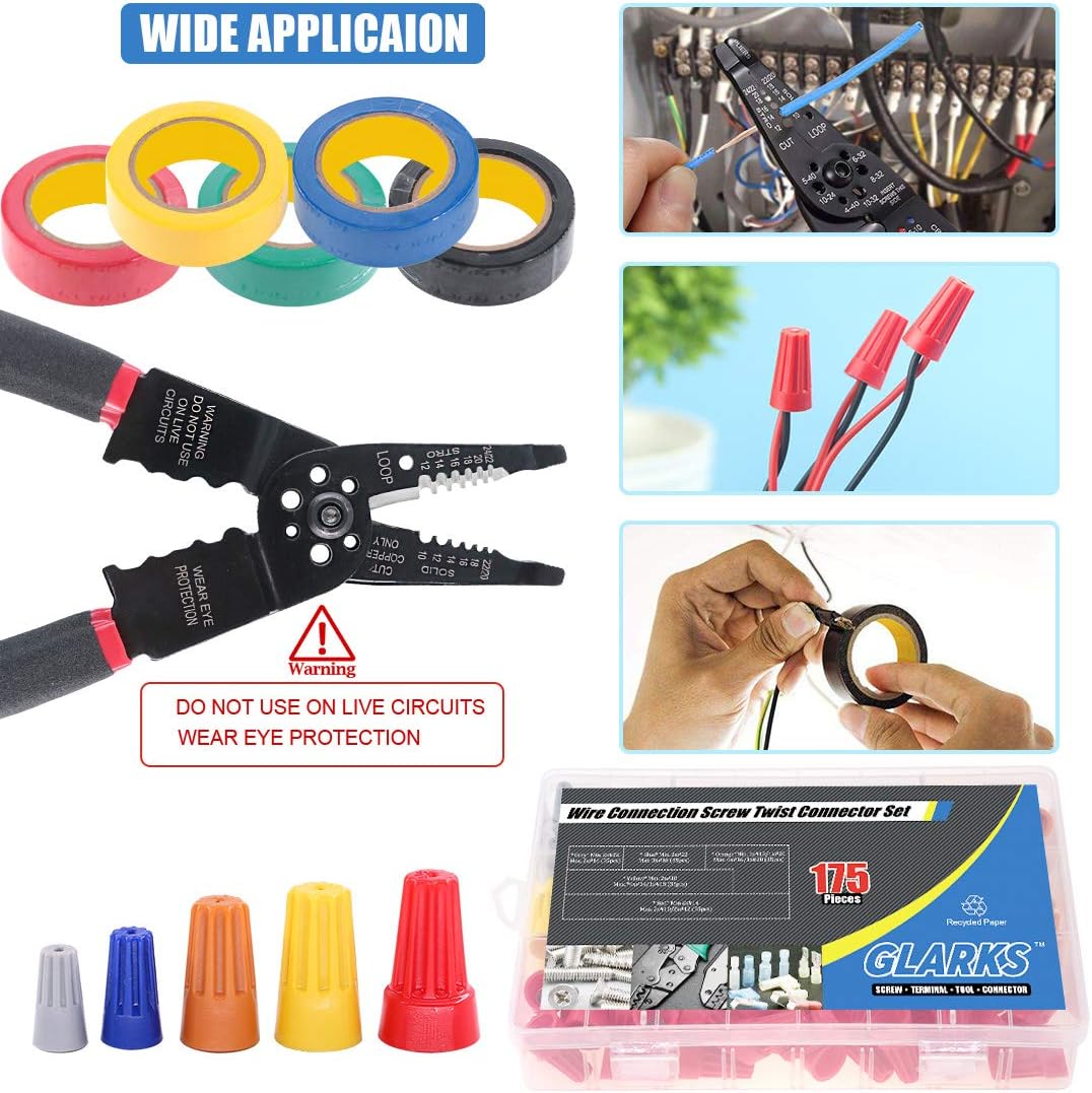 Glarks 8" 10-22 AWG Multifunction Wire Stripper/Crimper/Cutter and 175Pcs Twist Nuts Caps Electrical Wire Connectors Screw Terminals with 5Pcs
