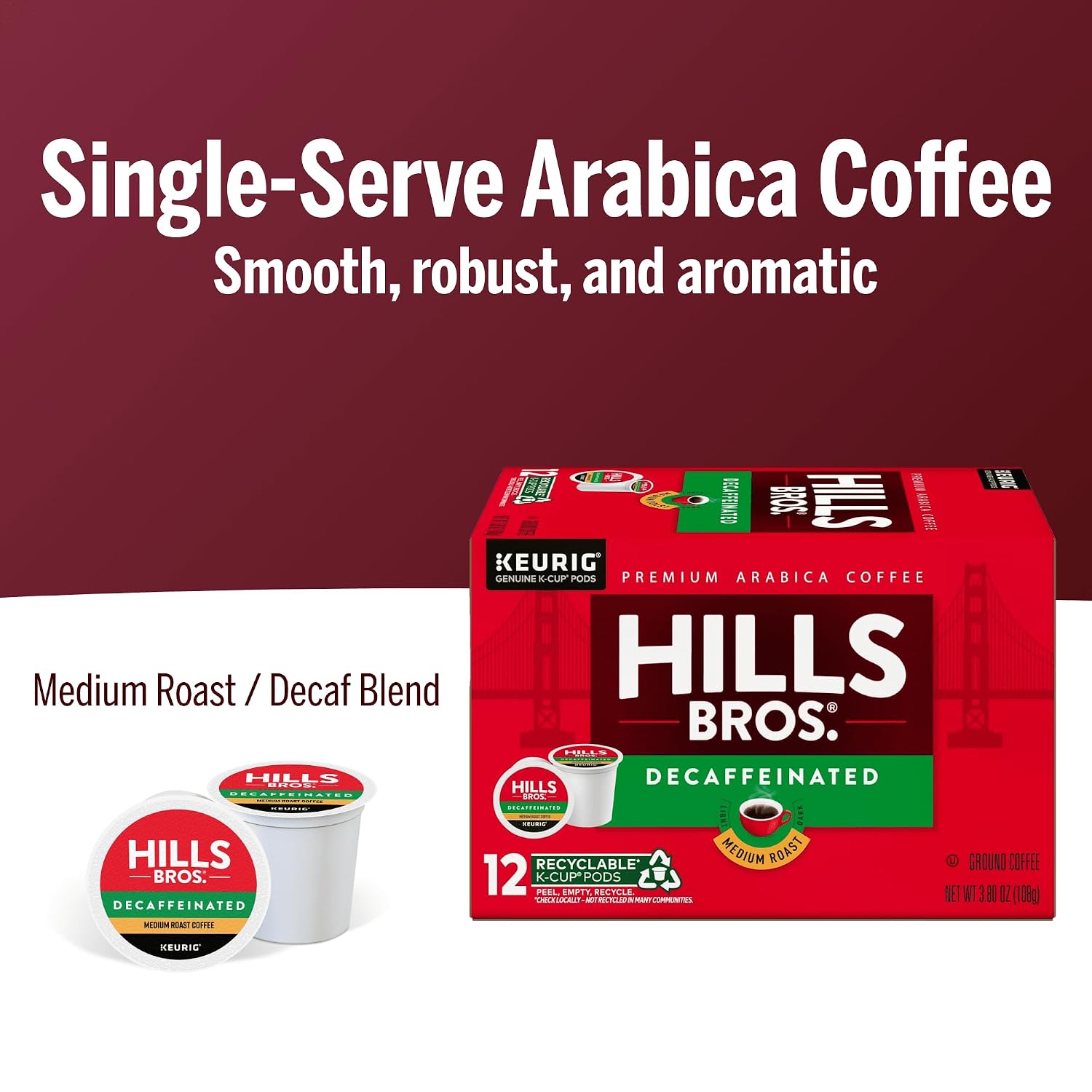 Hills Bros Single Serve Coffee Pods, 100% Colombian Ground Coffee, Medium Roast, 12 Count – Keurig Compatible, Roasted 100% Arabica Beans, Smooth Balanced Flavor