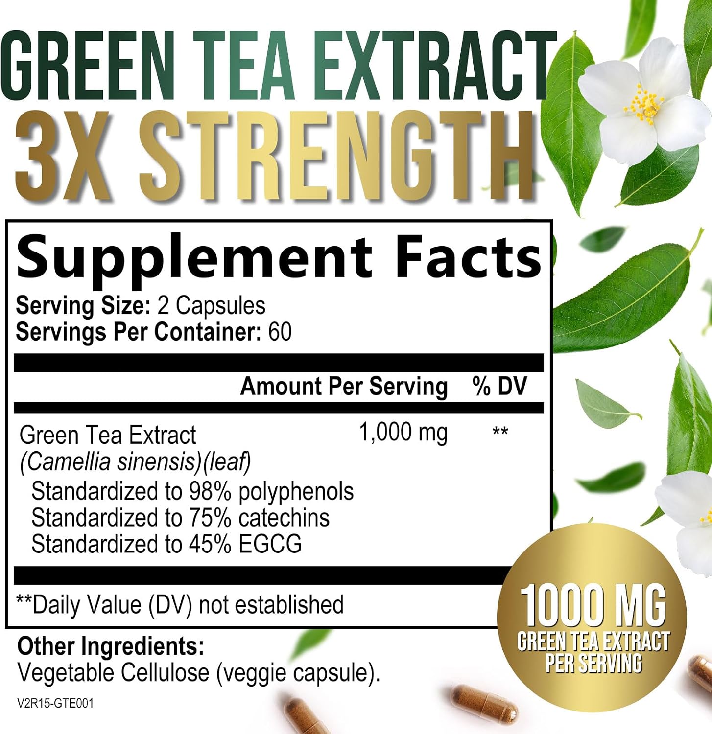 Green Tea Extract 1000mg Per Serving - 98% Polyphenols & 45% EGCG Capsules, Heart Support with Antioxidants - 3X Absorption Green Tea Pills Supplement, Natural Energy, Gentle Caffeine - 240 Capsules