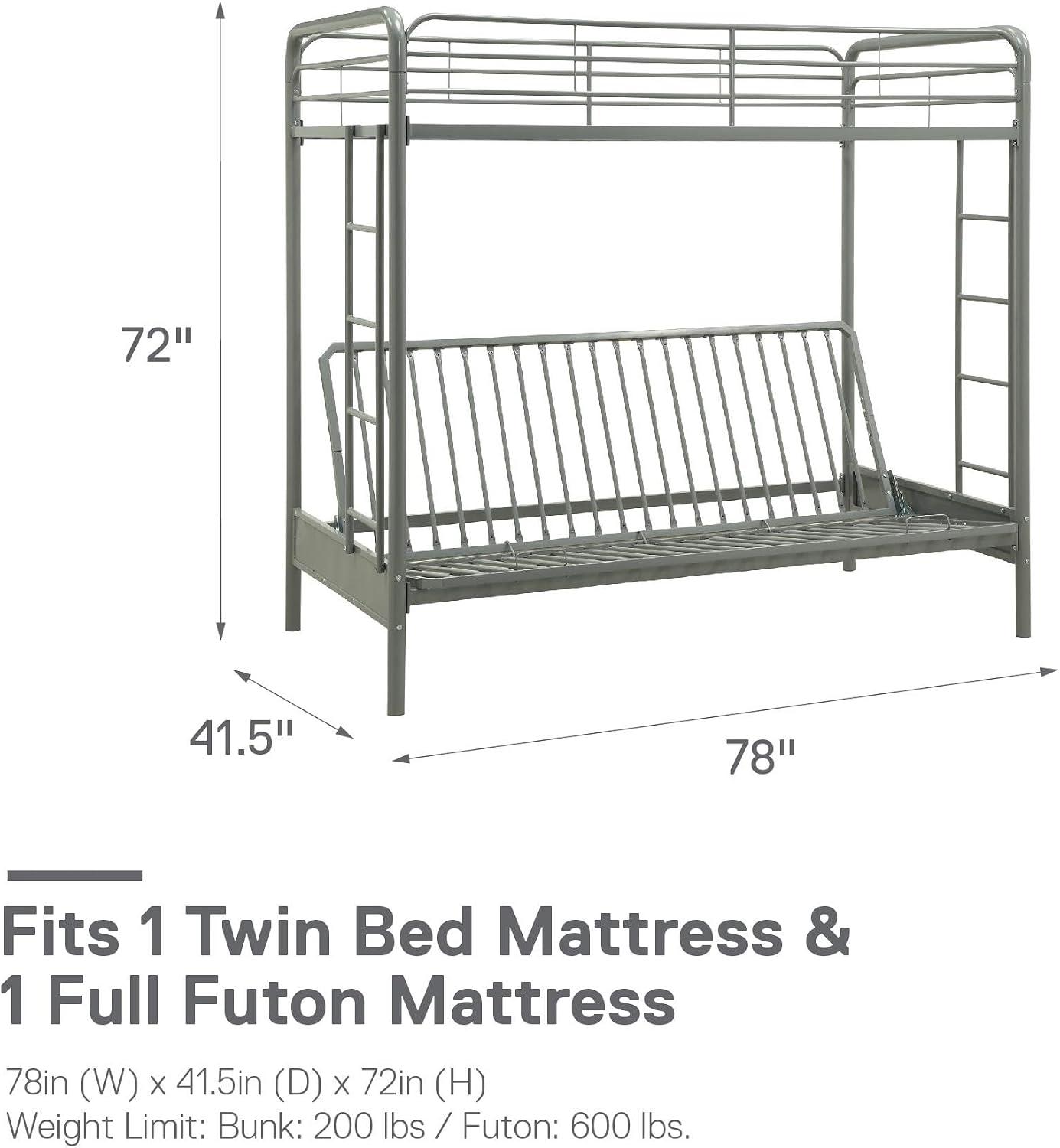 DHP Twin-Over-Futon Convertible Couch and Bed with Metal Frame, Ladder and Guardrails - Black