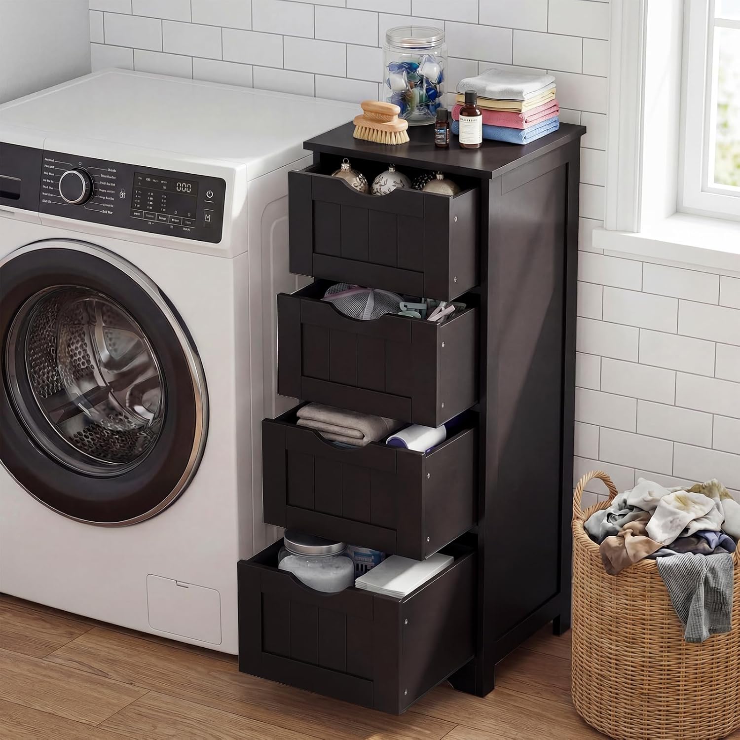 Tangkula Bathroom Floor Cabinet, Freestanding Narrow Side Storage Organizer with 4 Drawers, Multifunctional Towel Cabinet with Anti-Tip Kit for Living Room Laundry Entryway (4 Drawers, White)