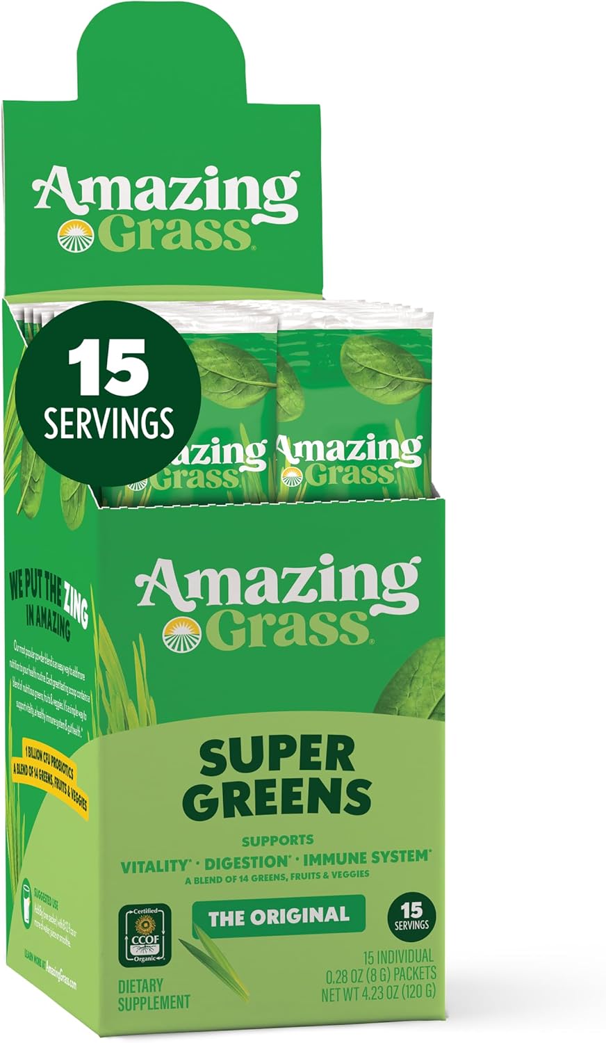 Amazing Grass Super Greens Powder Original, 60 Servings, 16.9 oz | Organic Greens Superfood Powder with Spirulina, Beet Root, Probiotics & Digestive Enzymes to Support Digestion