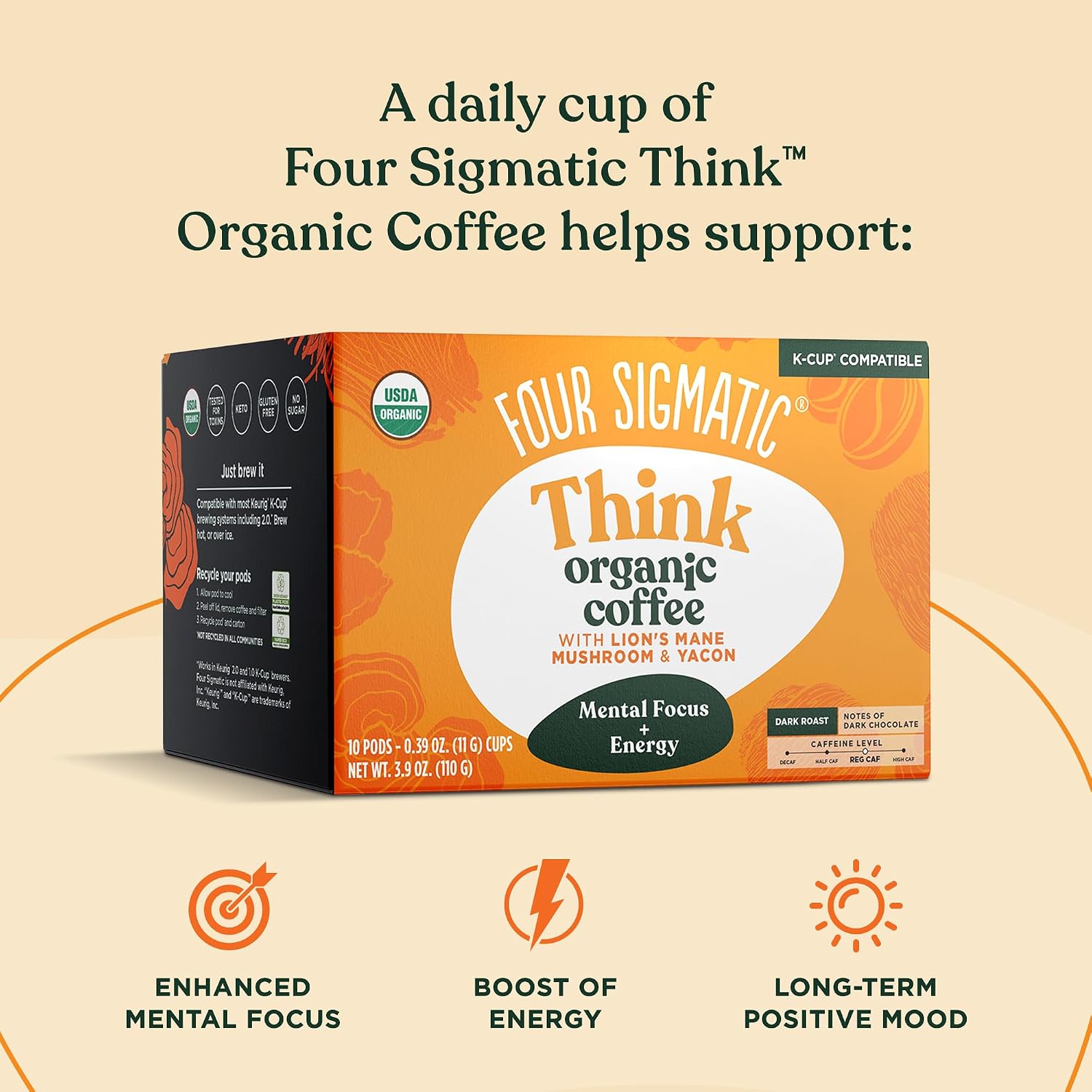 Four Sigmatic Mushroom Coffee K-Cups | Organic Dark Roast Coffee with Lion’s Mane Mushroom Powder & Yacon | Focus & Immune Support | Vegan & Keto