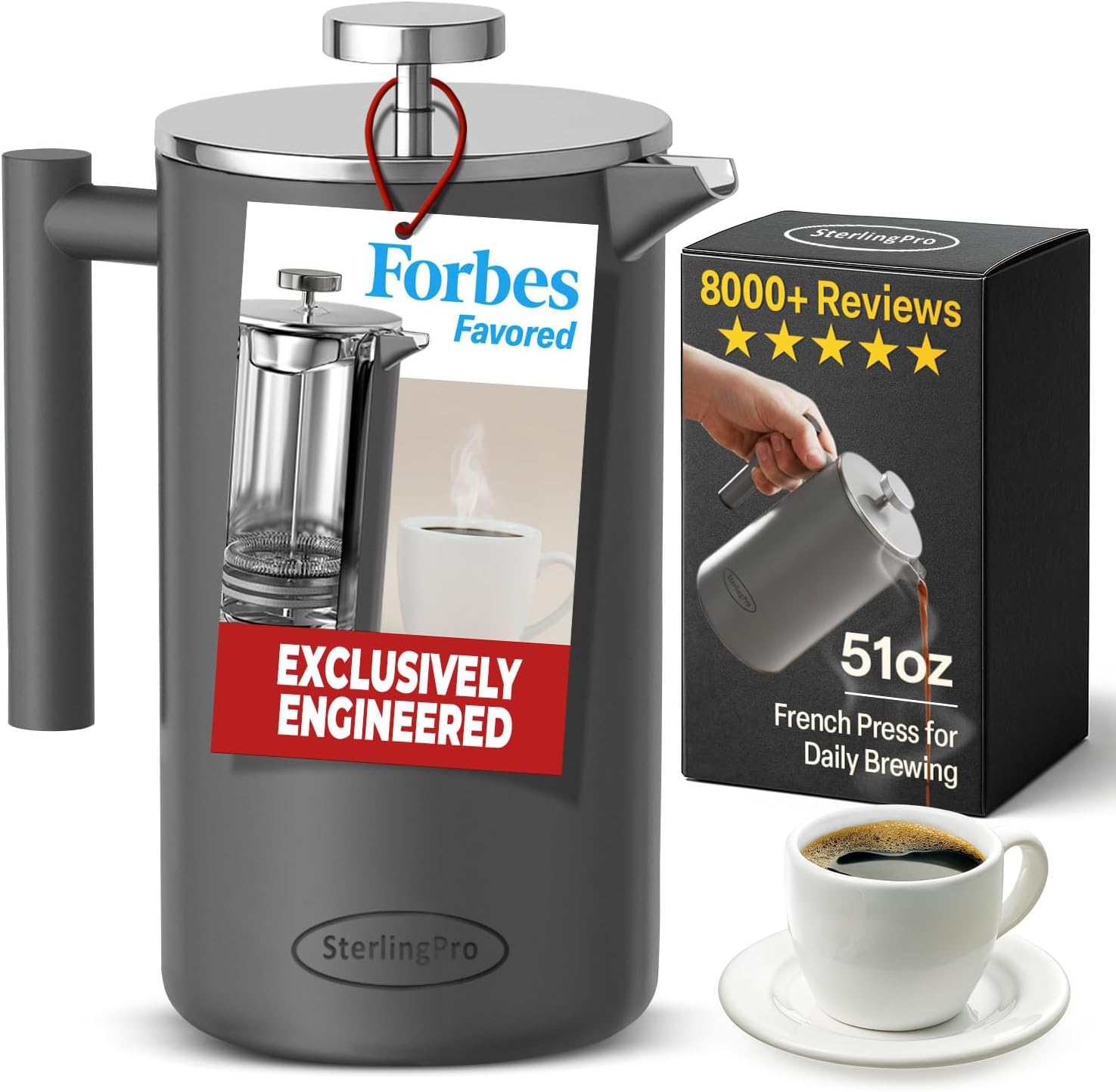 SterlingPro Large Insulated Stainless Steel French Press Coffee Maker 51oz Capacity (44 oz Brew Yield) – Double Wall Metal Coffee Press | Plastic Free | Cool-Touch | Mirror Finish | 12 Cups / 6 Mugs