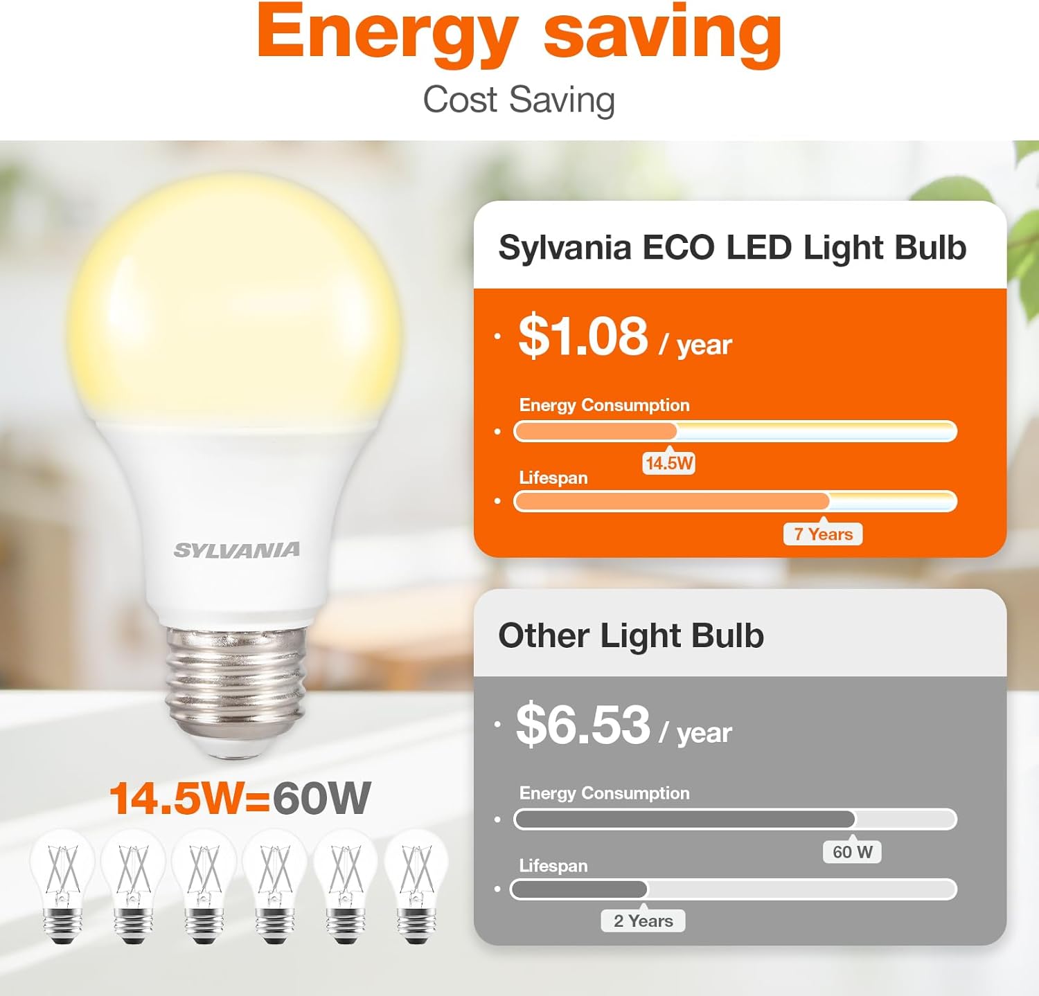 Sylvania ECO LED Light Bulb, A19, 100W Equivalent, Efficient 14.5W, 7 Year, 1450 Lumens, Frosted, 5000K, Daylight - 6 Pack (40884)