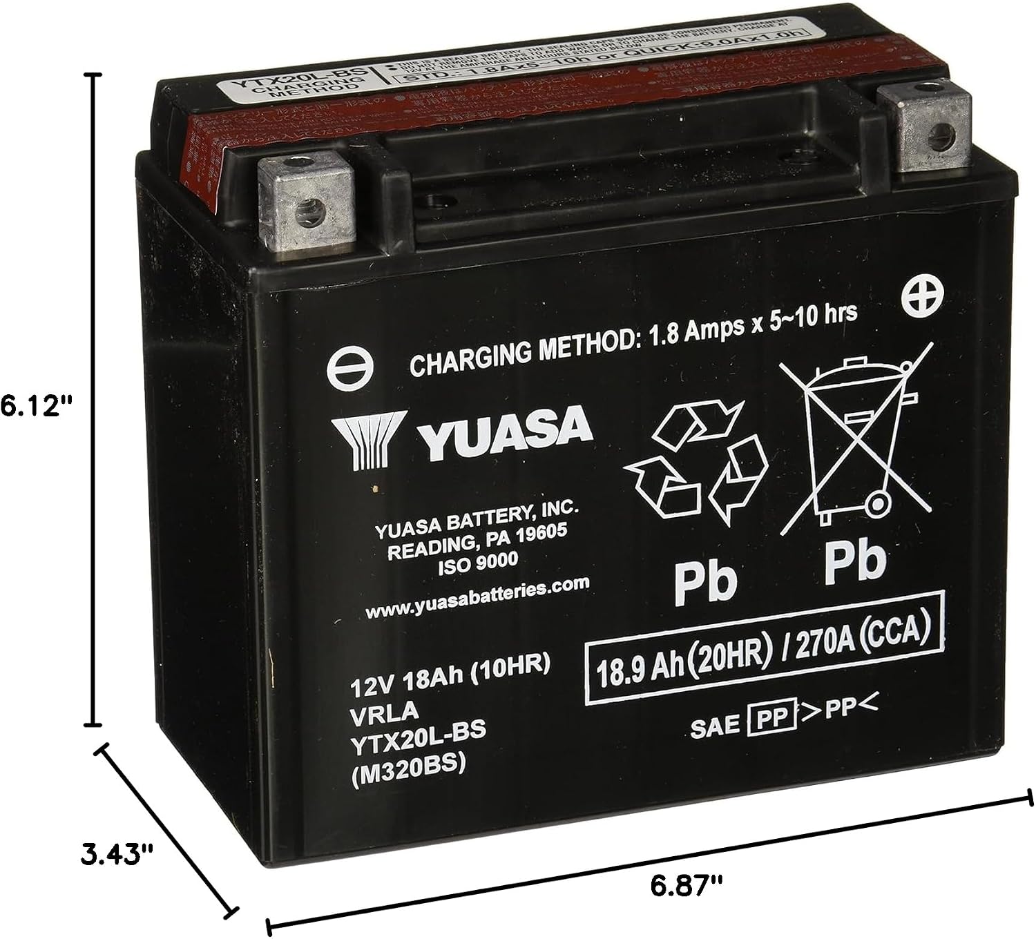 Yuasa YUAM320BS YTX20L-BS Maintenance Free AGM Battery with Acid pack