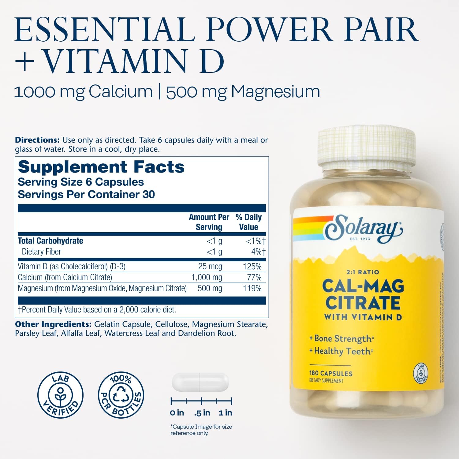 SOLARAY Calcium Magnesium Citrate 2:1 with Vitamin D3, 180 Capsules | Bone