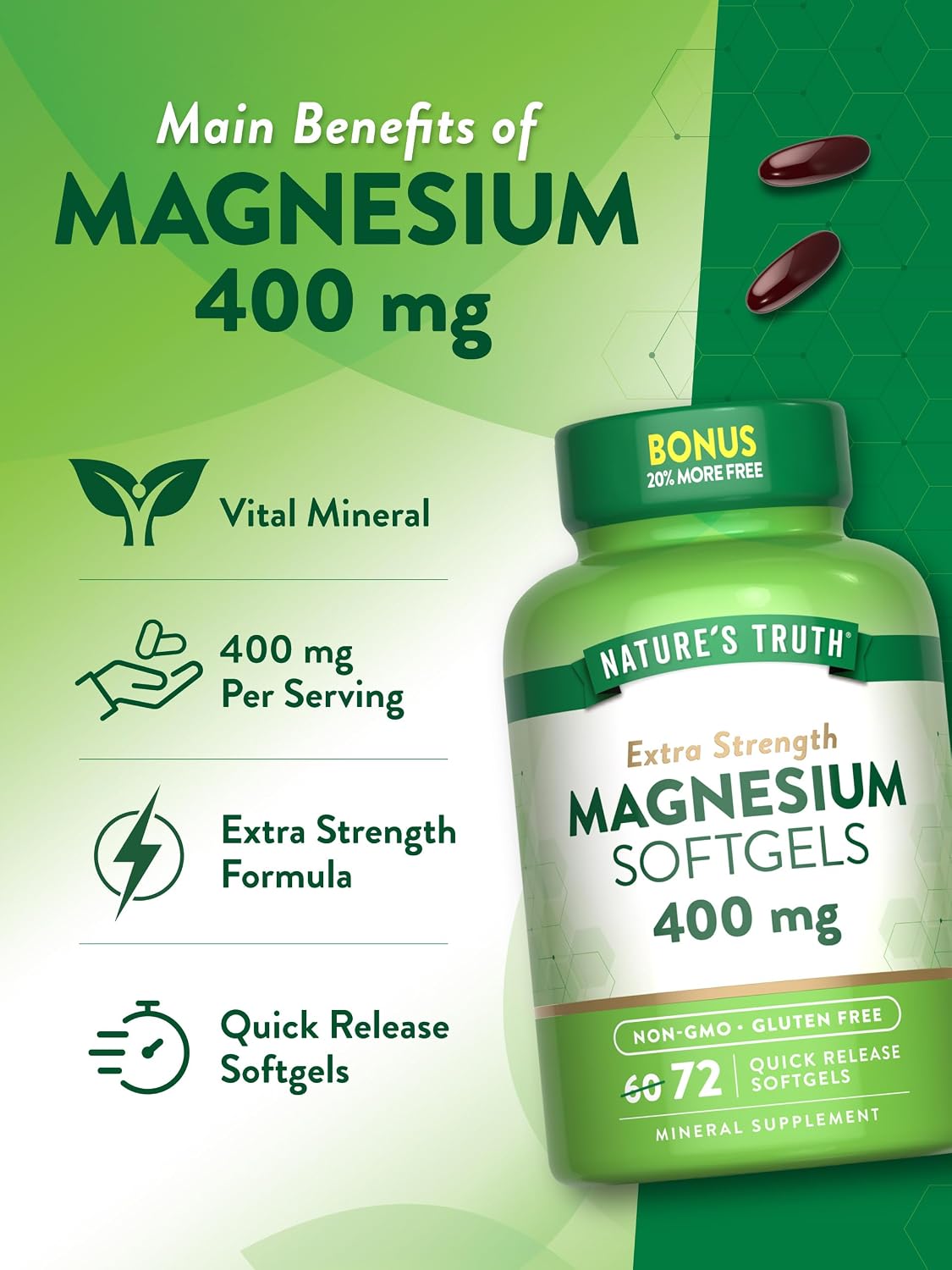 Nature's Truth Magnesium | 400mg | 72 Softgels | Value Size | Extra Strength | from Magnesium Oxide | Non-GMO and Gluten Free Supplement | Extra
