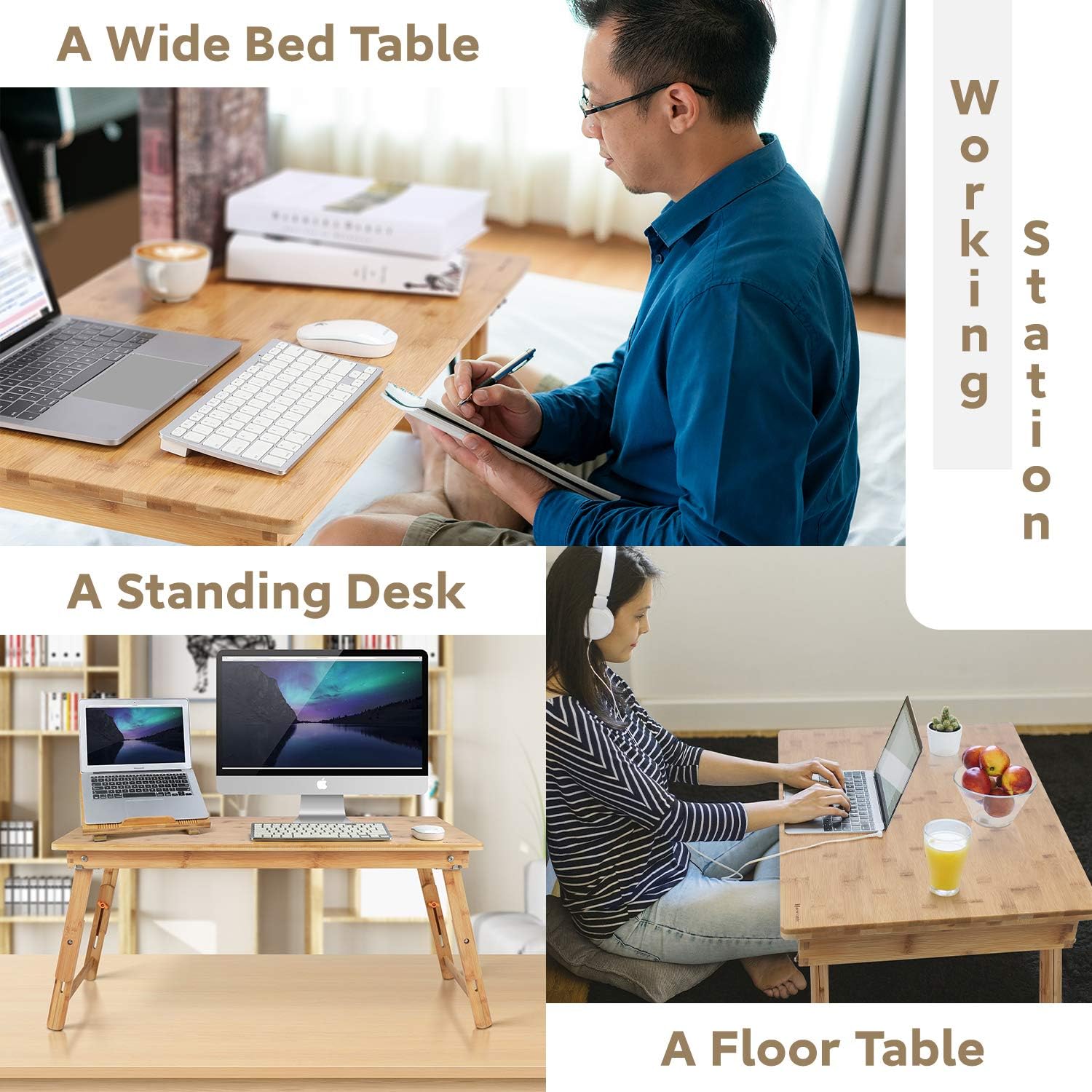 Nnewvante Large Floor Desk Foldable Tray for Adults, Bamboo 33.5 x 17.7in