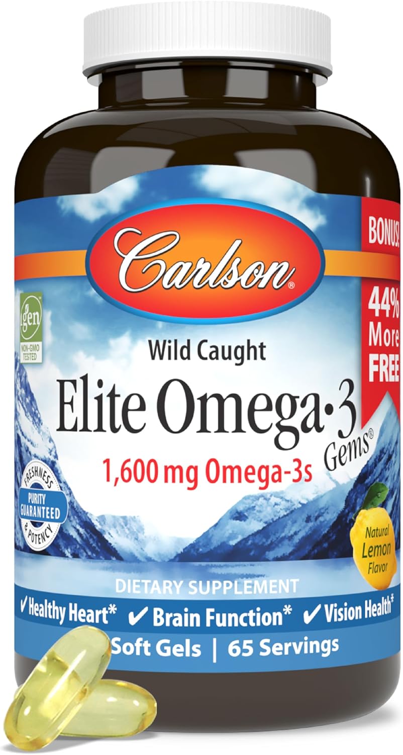 Carlson Elite Omega-3 Gems, 1600 mg, from Norway, Lemon, 90 + 30 Softgels | Omega-3 Fatty Acids Including EPA and DHA; Wild-Caught Fish Oil Supplement; Sustainably Sourced Omega 3 Fish Oil Capsules