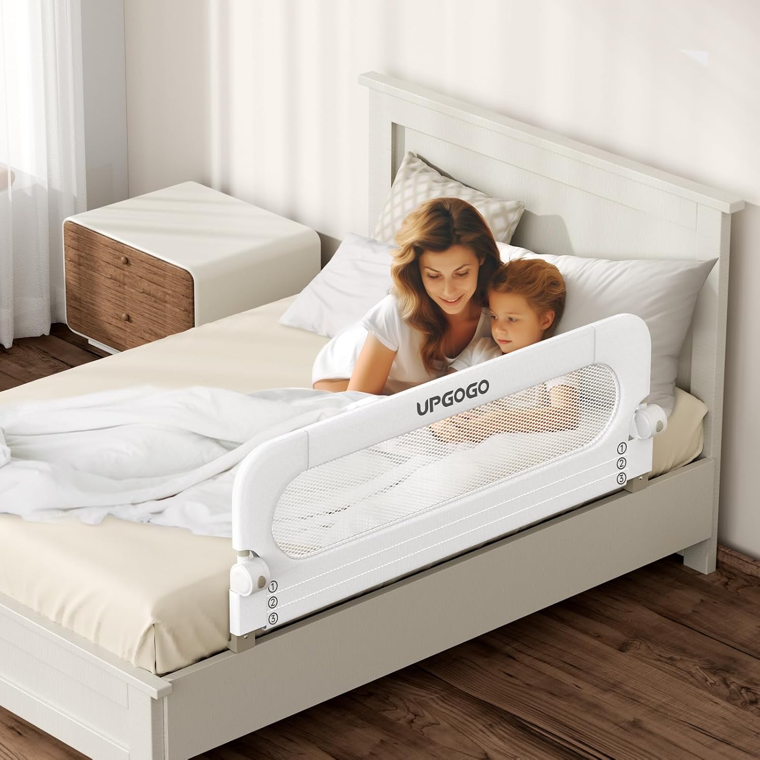UPGOGO Folding Bed Rail for Toddlers, White, 71" L x 23.6" H | U-shaped base，Reinforced Anchors, Built-in Sponge , Secure lock