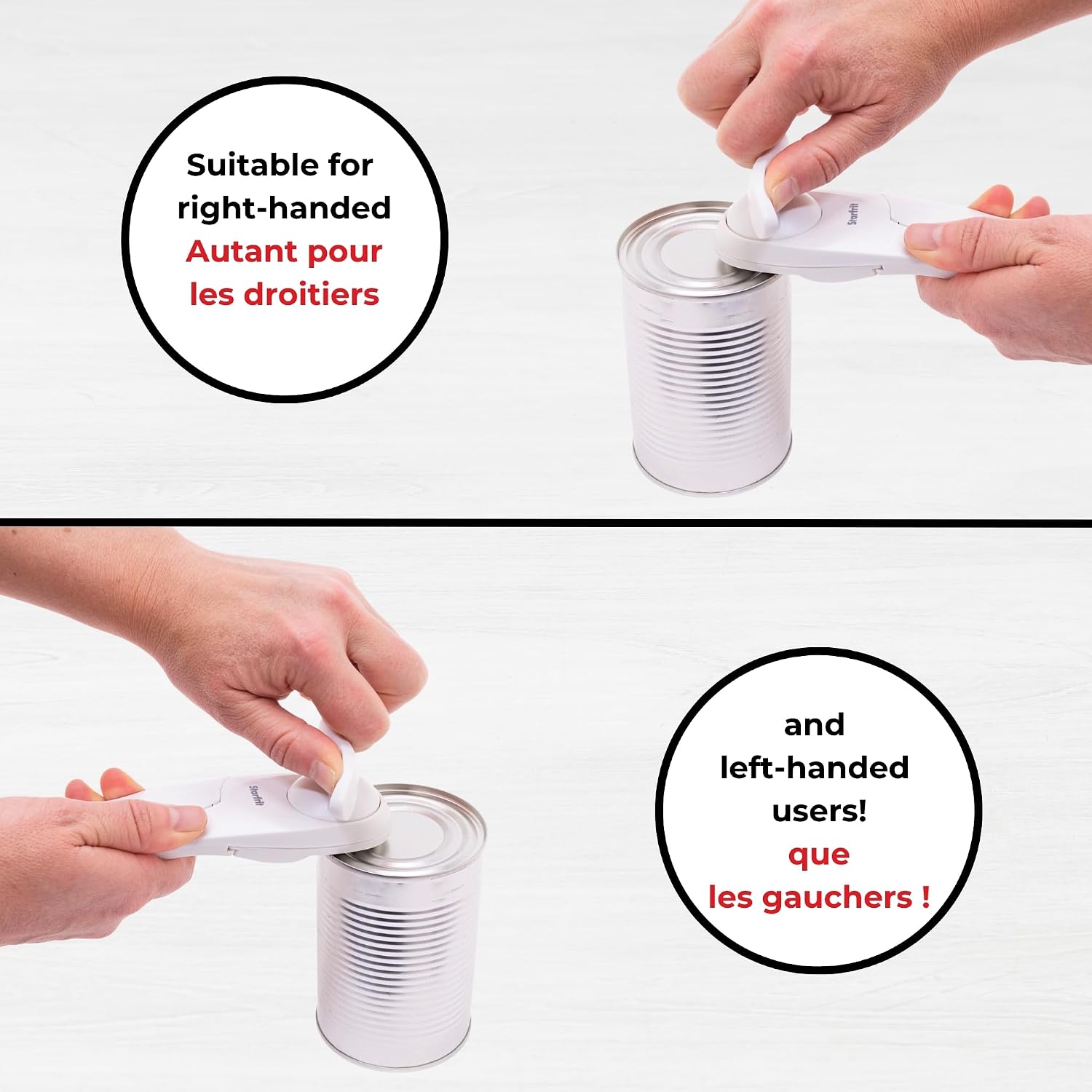 Starfrit Little Beaver Can Opener, Safe, Holds Lid and Leaves No Sharp Edges on Lid, Comfort Grip, 3-Year Warranty, White