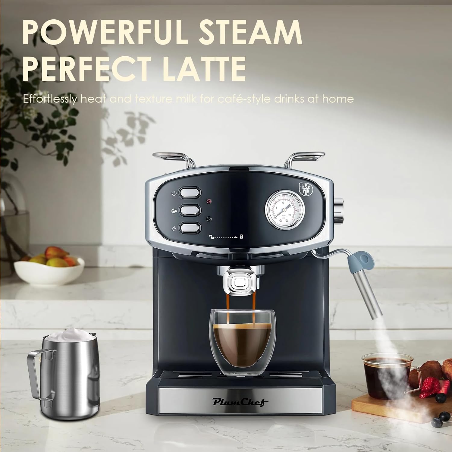 Plum chef Espresso Machine 20 Bar, Household Coffee Maker with Milk Frother Steam Wand, Pressure Gauge, 54oz Large Water Tank, Low Noise Fast Brew for Cappuccino Latte Macchiato Home Office