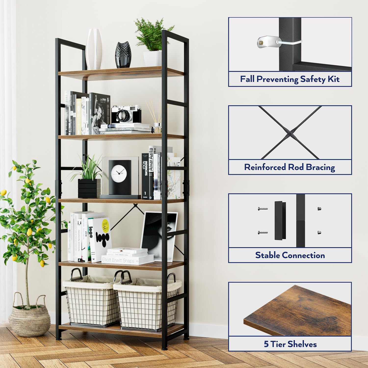 NUMENN 5 Tier Bookshelf, Tall Freestanding Open Storage Bookcase, Vintage