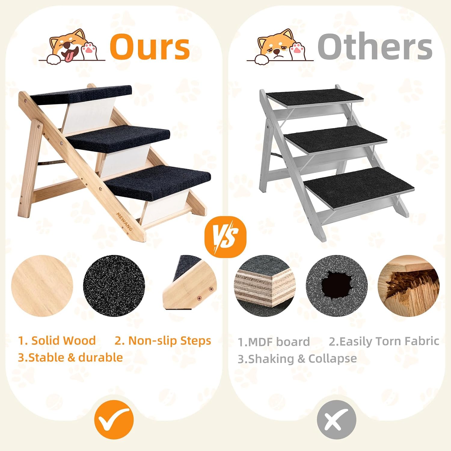 MEWANG Wood Pet Stairs & Ramp for Small/Medium Dogs & Cats, Aging Pets – 2-in-1 Foldable, Portable, Non-Slip Pet Ladder for Tall Beds, Couches