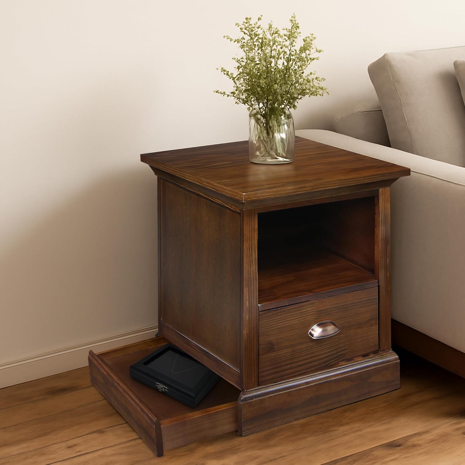Lincoln Nightstand with Pull-Out Concealed Bottom Shelf, Concealment Furniture