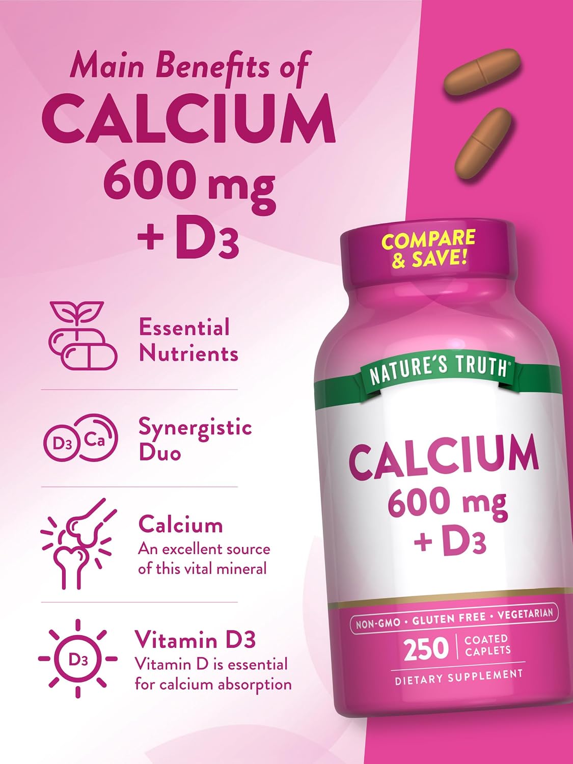 Nature's Truth Calcium 600mg with Vitamin D3 | 250 Caplets | Calcium Carbonate | Vegetarian