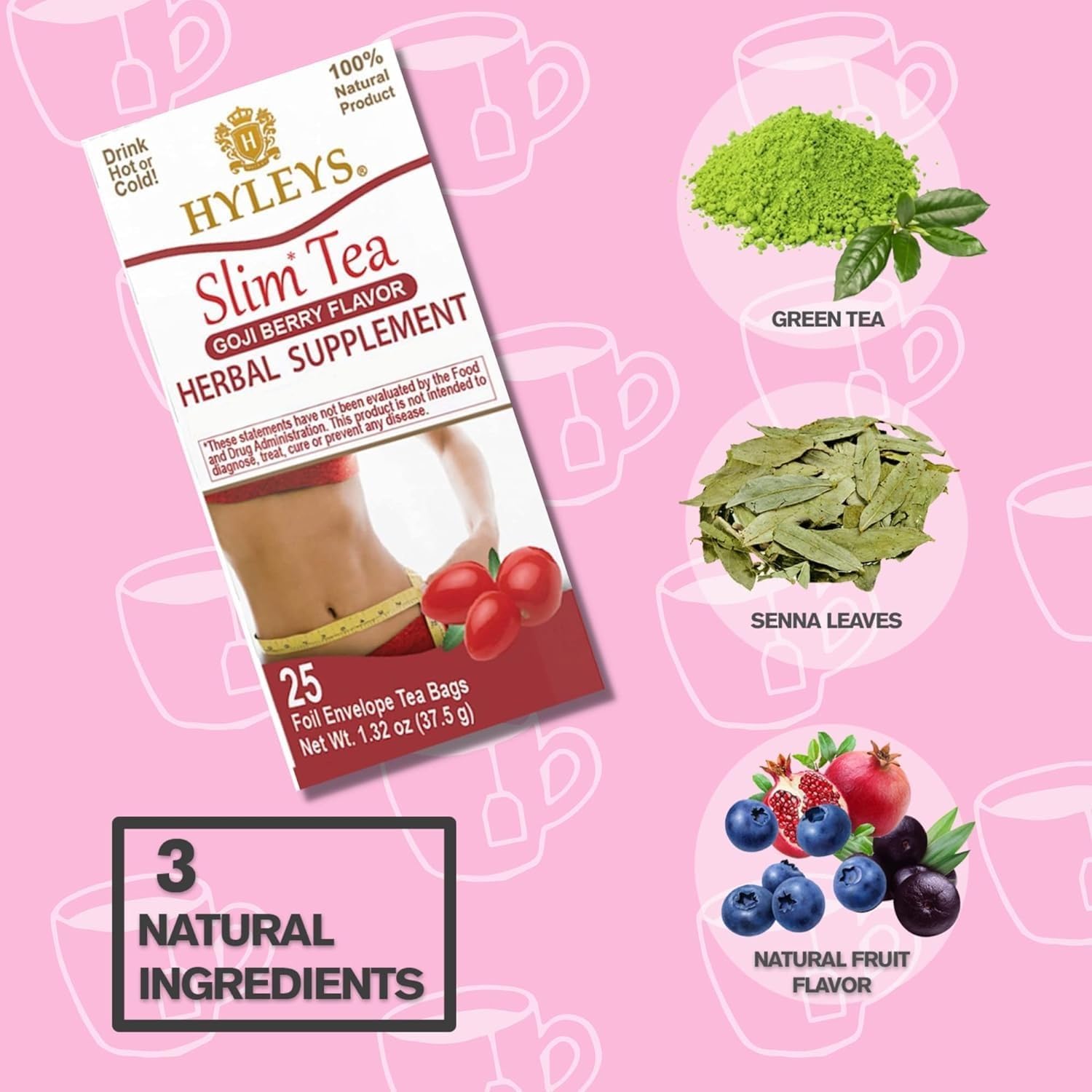 HYLEYS Slim Tea Goji Berry, Weight Loss Detox, Slimming Diet Tea, 25 Bags | Green Tea, Senna Detox & Cleanse, 3 Natural Ingredients, No Added Sugar, 1-Step Bedtime Routine, Supports Digestion